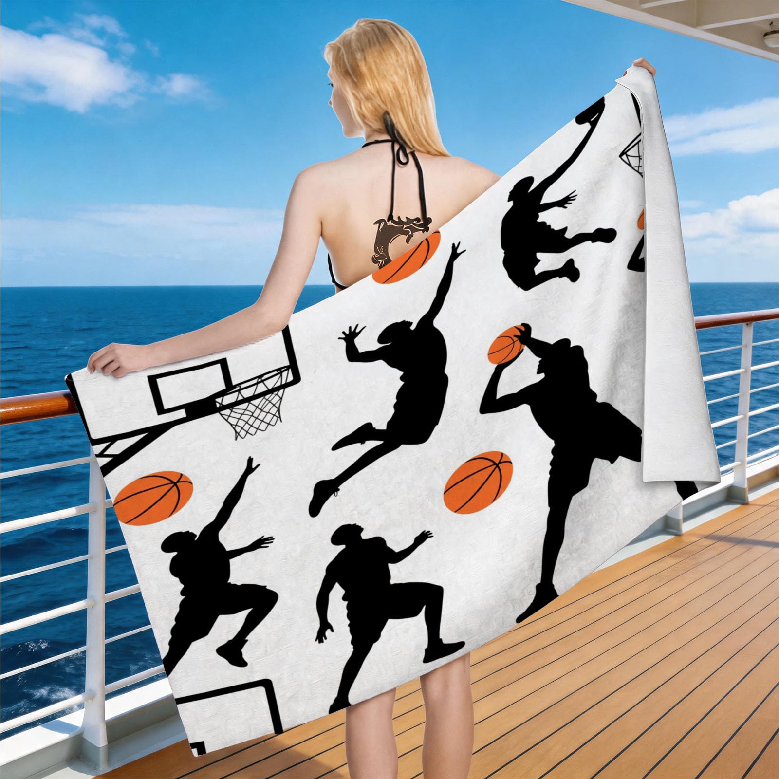Hongduo Microfiber Quick Dry Beach Towel Basketball Silhouette, 3D Black White Illustration Beach Towels Absorbent Fast Drying Bath Towels, Travel Camping Gym Swimming Bathroom (100x200cm)