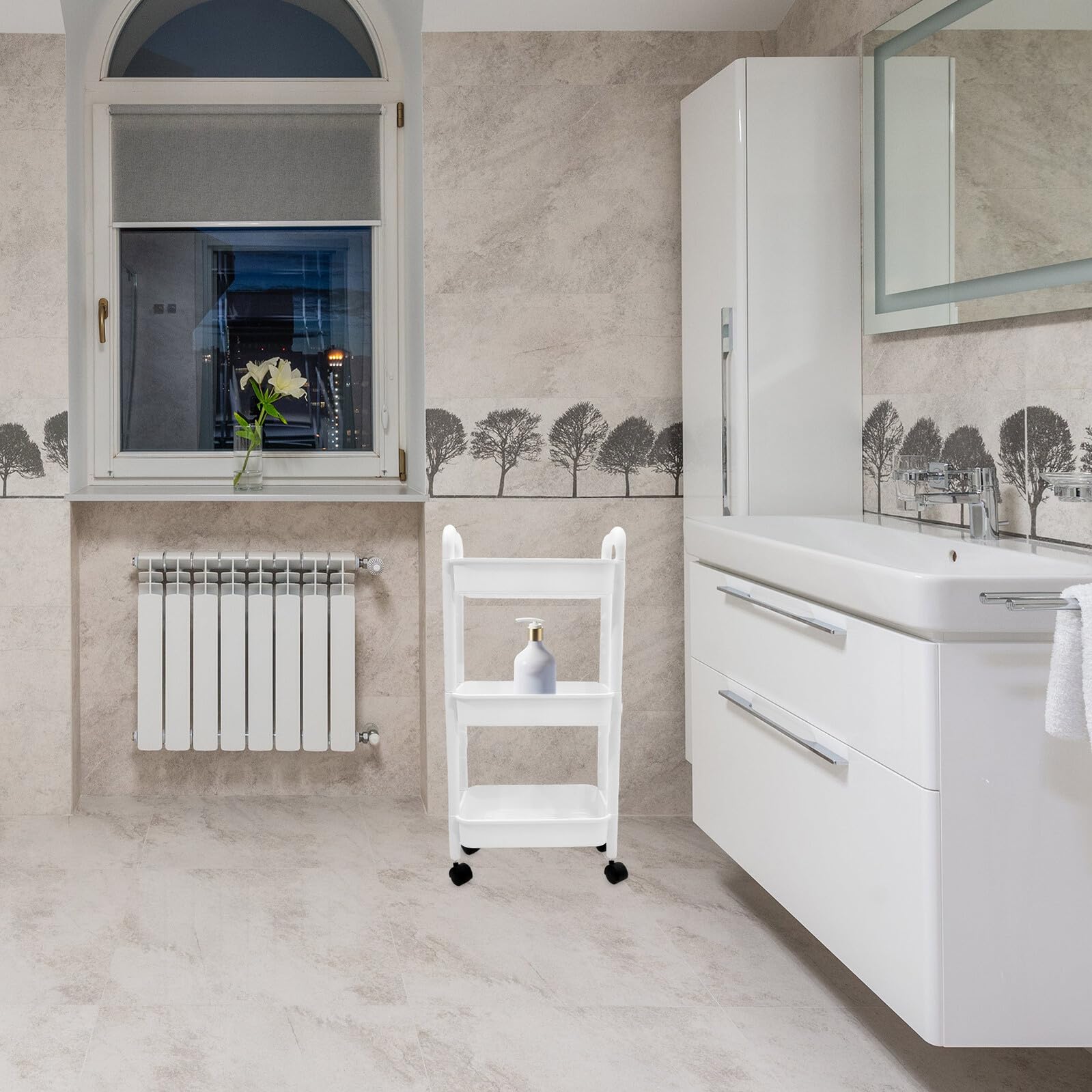 Toyvian Scaffale Multiuso con Ruote Bianco, Carrello Portatile in Pp a 3 Livelli, Design Stretto per Bagno o Ufficio, Robusto e Facile da Spostare