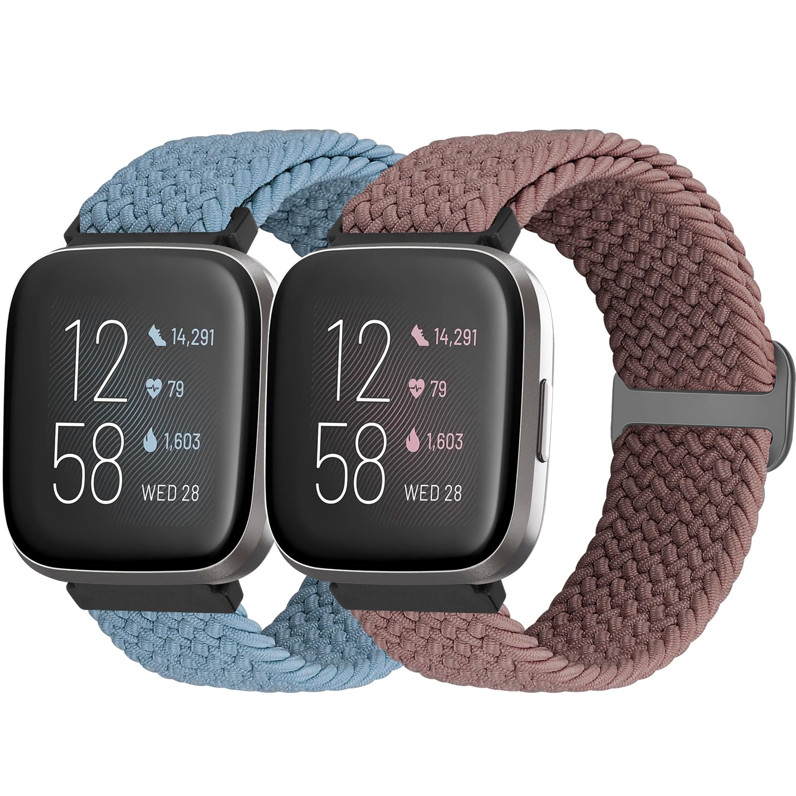 Bcuckood Braided Strap Compatible for Fitbit Versa 2/Versa Lite/Versa SE, 2 Pack Adjustable Elastic Nylon Sport Watch Band for Women Men