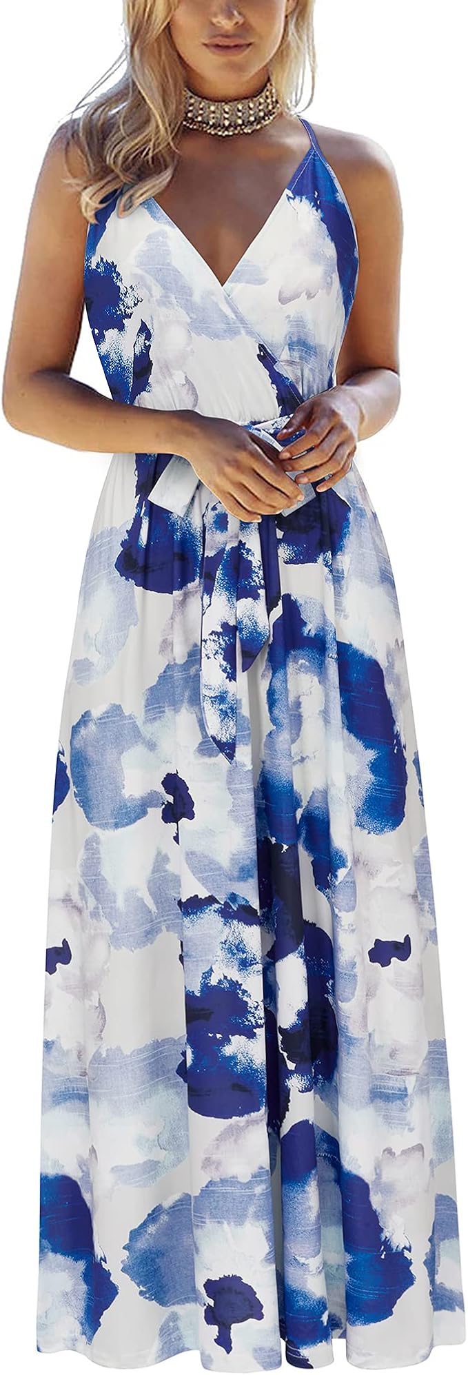 OUGES Womens Summer Deep V Neck Floral Adjustable Spaghetti Strap Beach Maxi Dress