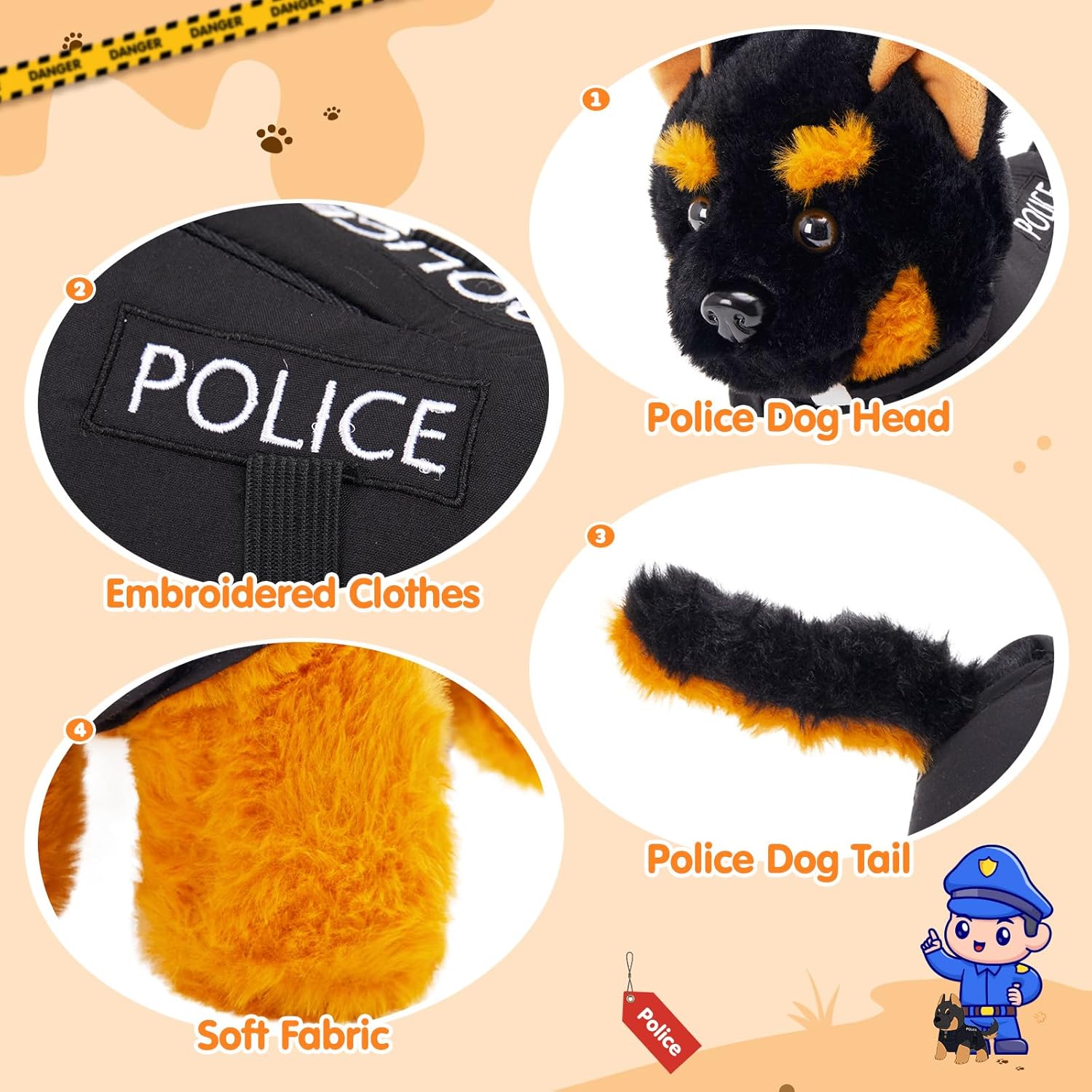 Plush German Shepherd Police Dog Stuffed Animal with Black Vest, Dog Plush Toy, Gift for Kids