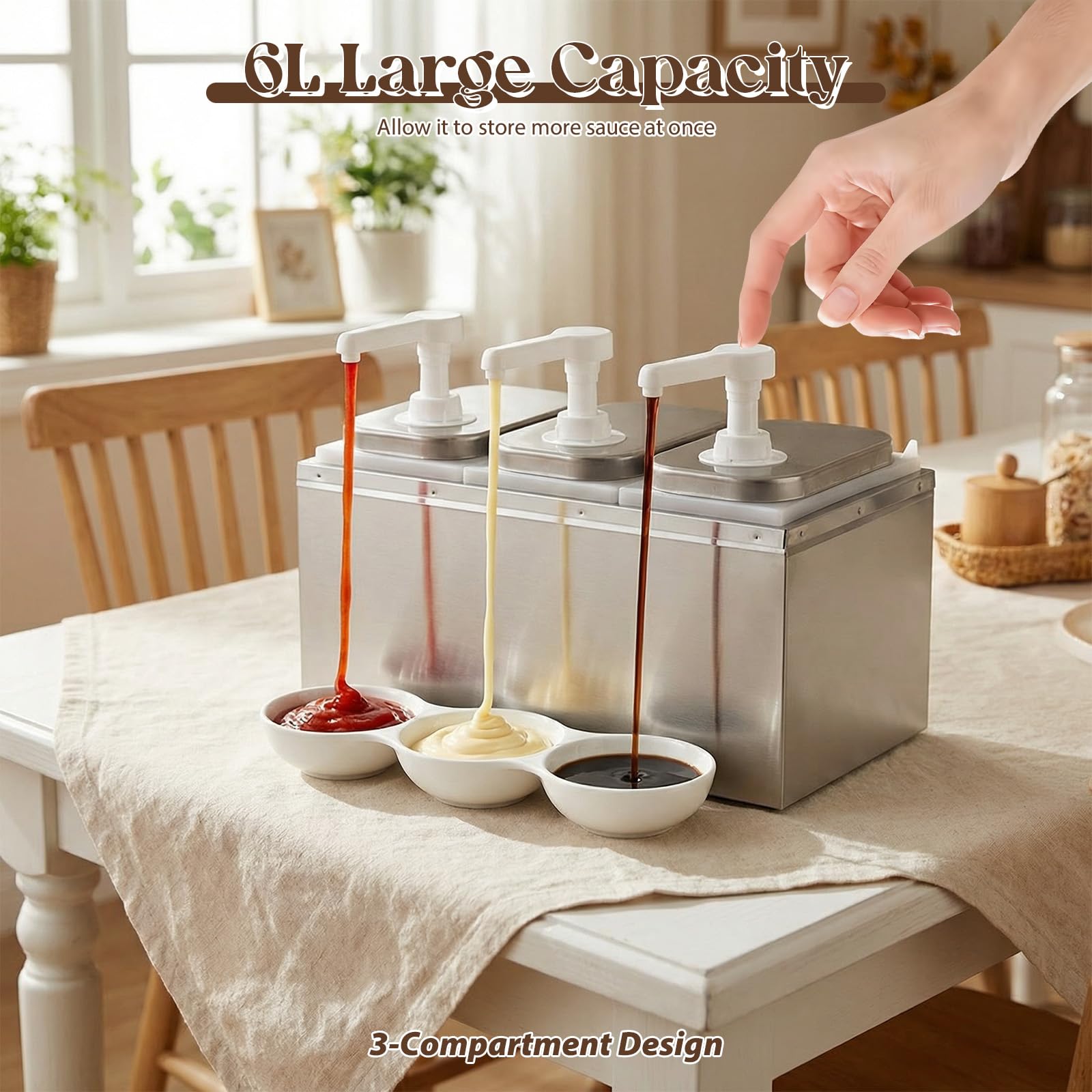 Dispenser per salse da 6 l, con 6 pompe girevoli a 360°, erogatore per salse, in acciaio inox 304, ideale per condimenti per insalata, senape, miele, marmellata, salsa al cioccolato