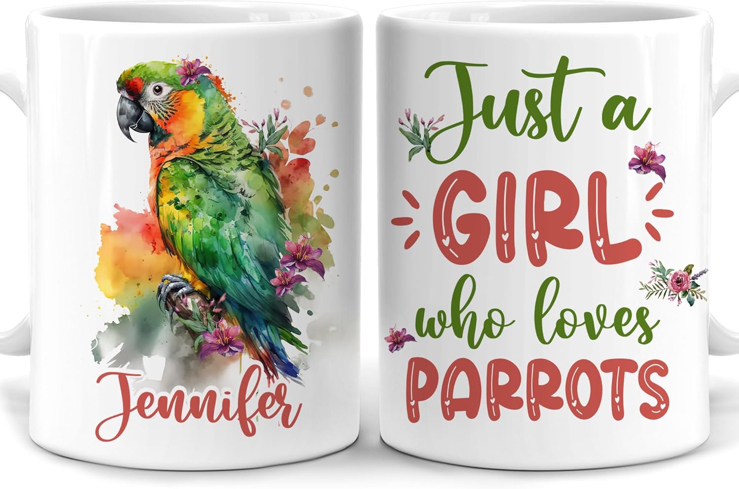 Hyturtle Personalized Gifts Parrot Lover - Just A Girl Who Loves Parrots Custom Name Ceramic Coffee Mug Cup 11oz - Idea Cute Animal Lover Gifts For Women, Girl Daughter On Birthday, Christmas