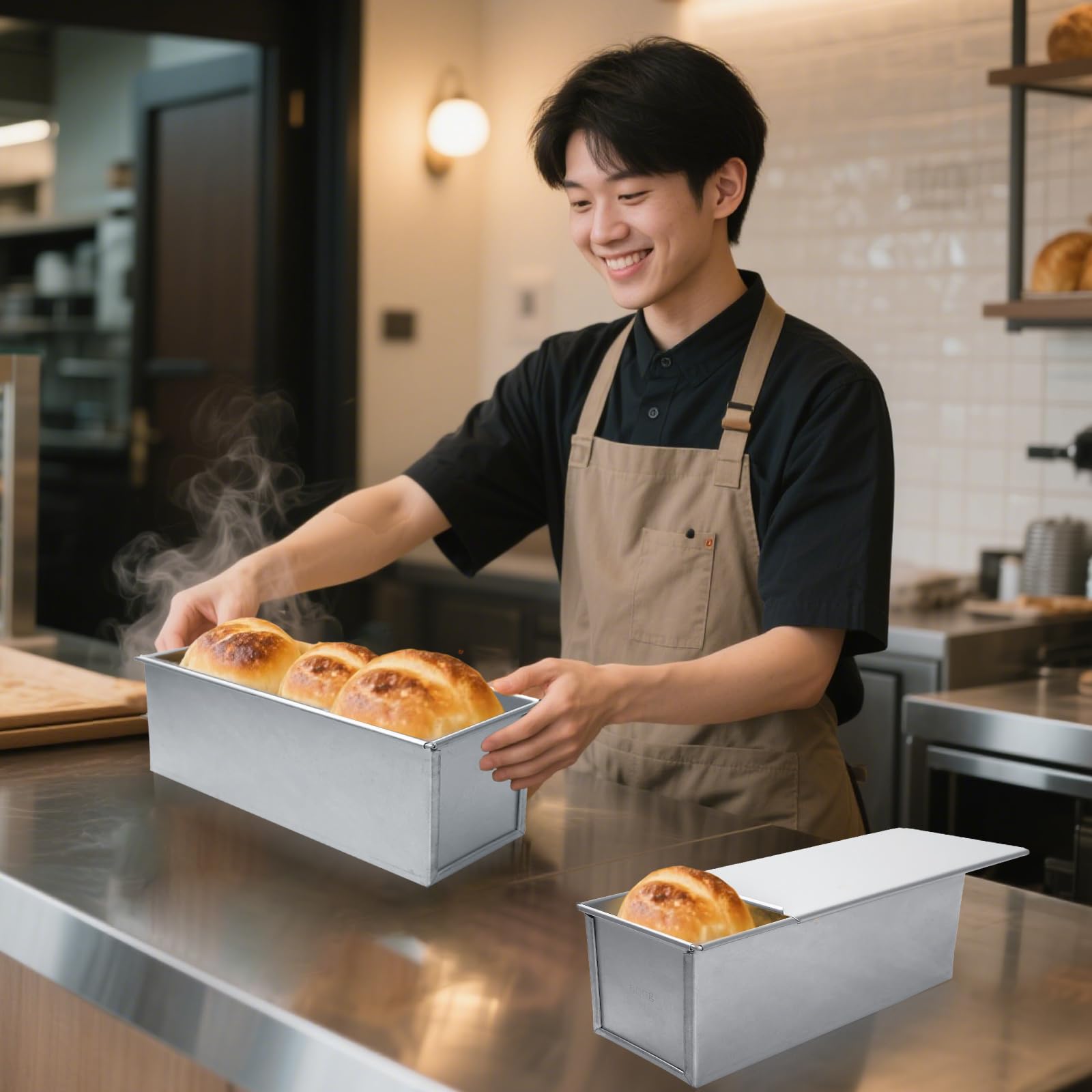 4 moldes para pan Pullman de 2 libras con raspadores de masa de 13 x 4 pulgadas, molde plateado antiadherente con tapa para hornear, tostadas de pan, para uso en horno