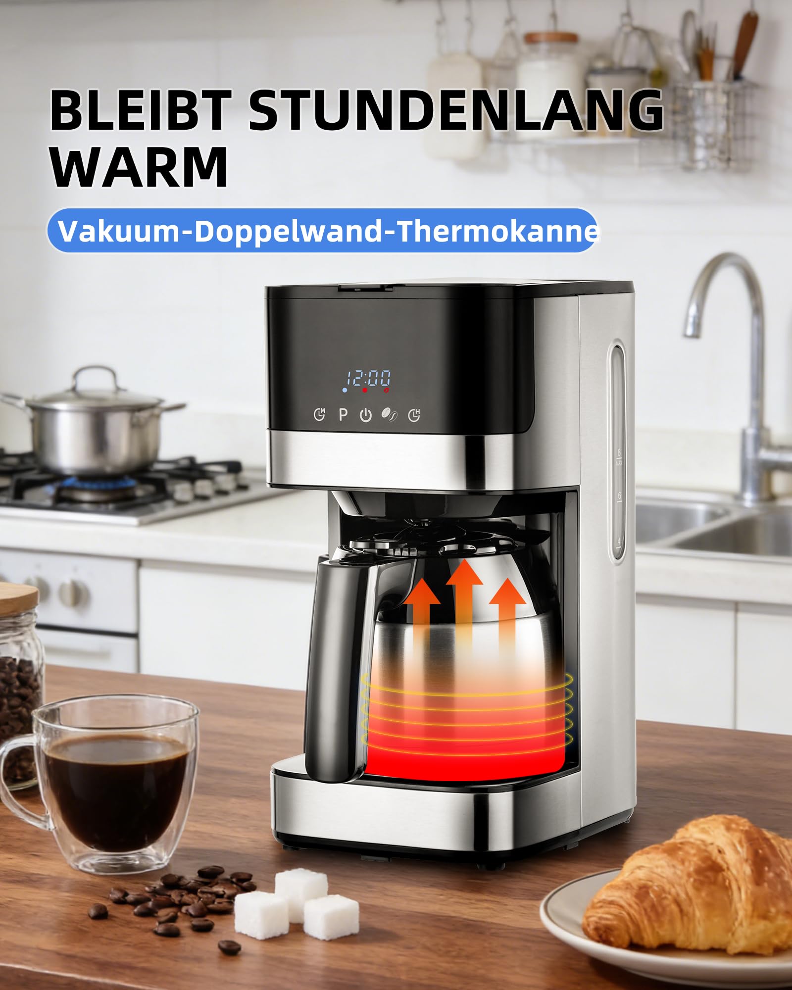 KEINVE Filterkaffeemaschine mit Thermokaraffe, Edelstahl Kaffeemaschine mit timer, 24H programmierbar, LED Display, Warmhalteplatte, Abschaltautomatik, Tropfstopp, 900W, 10 Tassen, 1 Liter