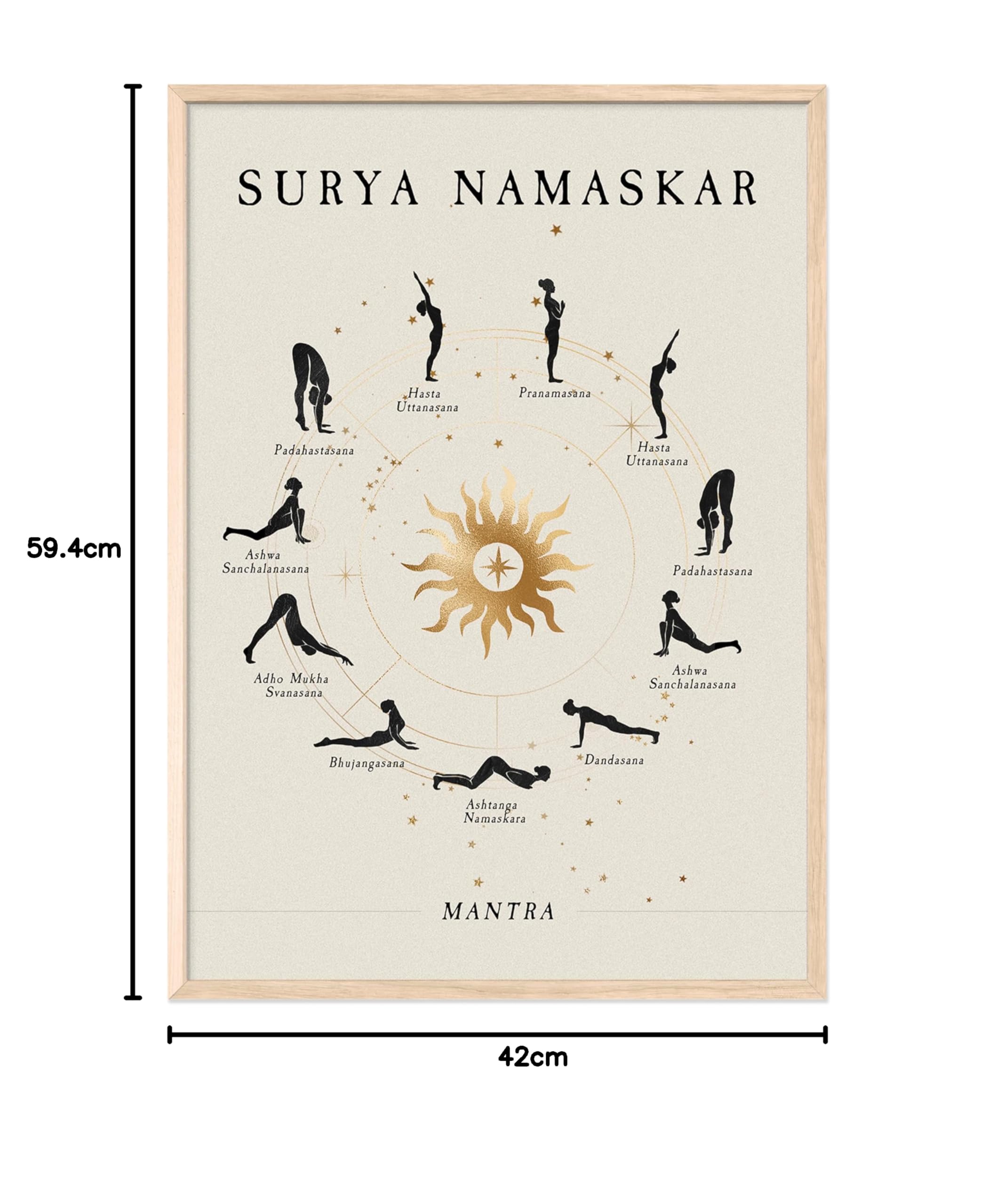 JUNOMI® Sonnengruß Poster DIN A2 Rahmen Natur | Yoga Sonnengruß | Boho Wanddeko fürs Yogastudio und Schlafzimmer, der vollständige Ablauf im Kreis um eine goldene Sonne