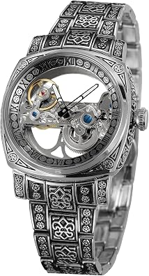 FORSINING Men's Skeleton Watch Roman Number Automatic Self Wind Tourbillon Wrist Watch with Stainless Steel Bracelet