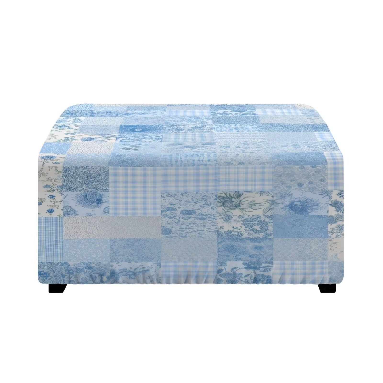 Xoenoiee Square Ottoman Cover Stretch Footrest Stool Cover for Storage Ottoman, Foot Stool Slipcover Furniture Protector with Nonslip Elastic Bottom, Blue Rose Patchwork, Large