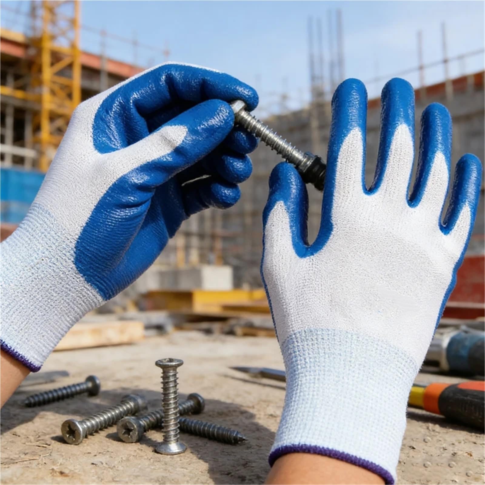 Genérico Compatible con guantes de trabajo de nitrilo azul-blanco resistentes al desgaste