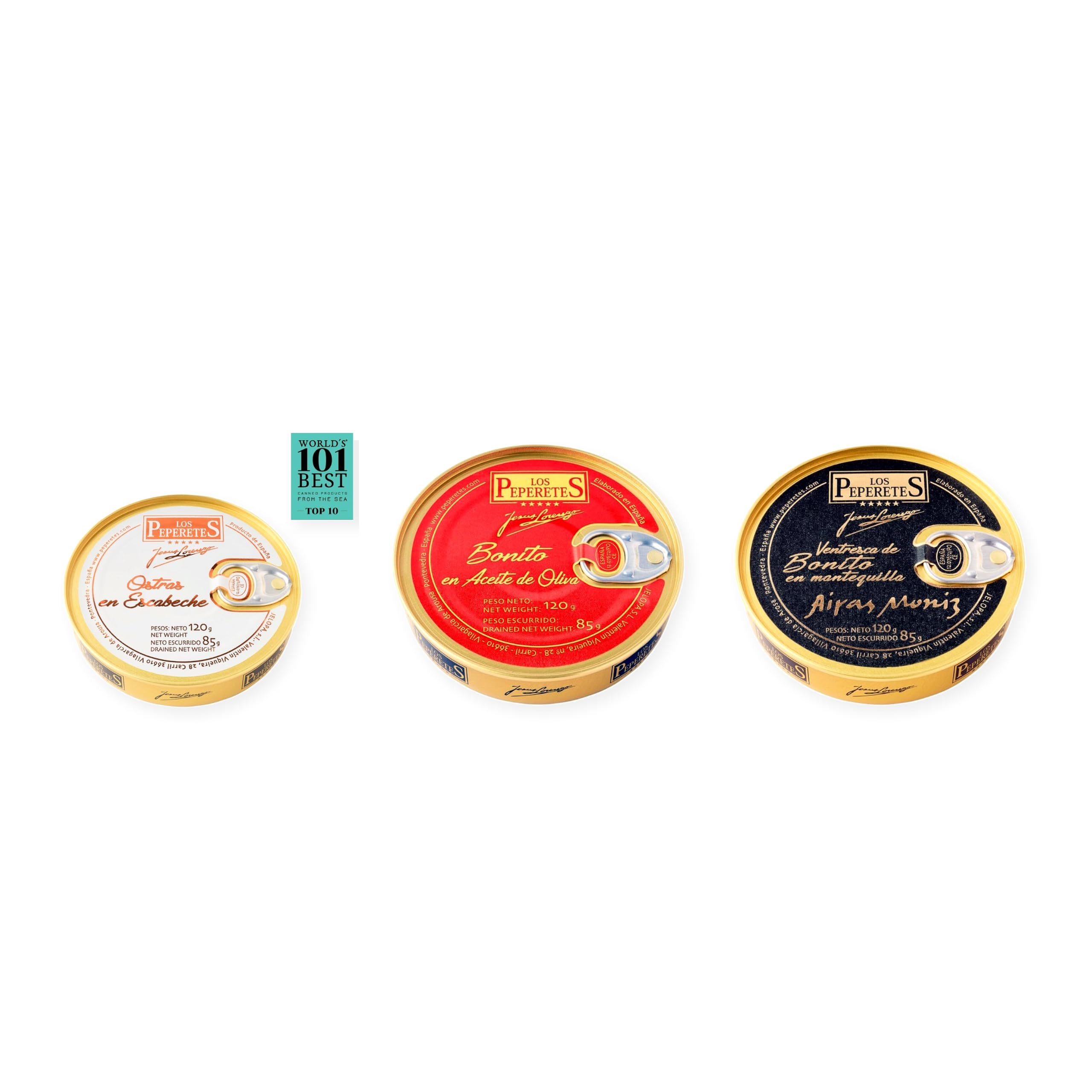 los peperetes conservas Ostras Escabeche, Bonito Aceite Oliva y Ventresca Bonito Mantequilla pack 3 latas