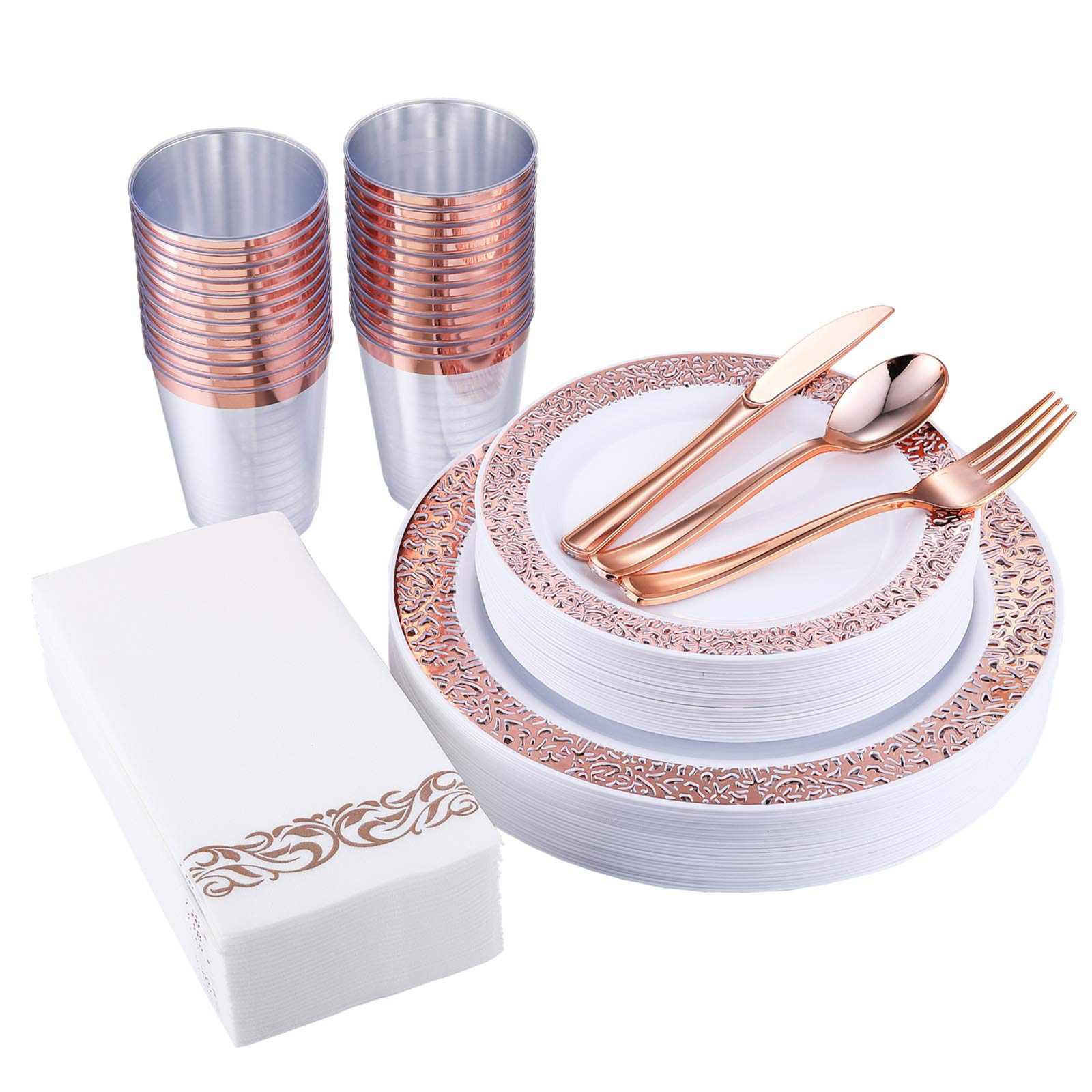 175 Piece Rose Gold Dinnerware Set 25 Guest-50 Rose Gold Lace Plastic Plates-25 Plastic Silverware-25 Plastic Cups-25 Linen Like Paper Napkins, FOCUSLINE Disposable Dinnerware Set