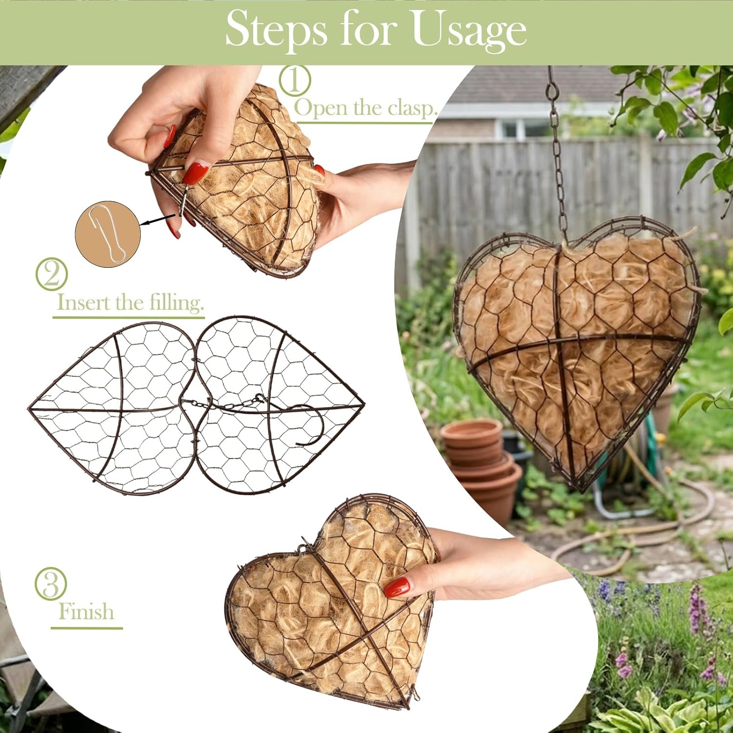 Handmade Alpaca Fiber Bird Nesting Heart (Set of 2) - Refillable Natural Jute & Cotton Bird Nesting Material Holder for Garden, Patio & Outdoor Decor