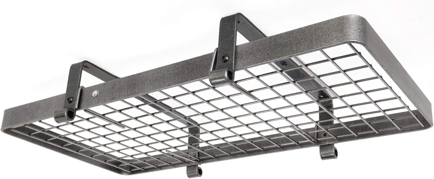 Handcrafted 37" Low Hanging Rectangle Pot Rack w 18 Hooks Hammered Steel
