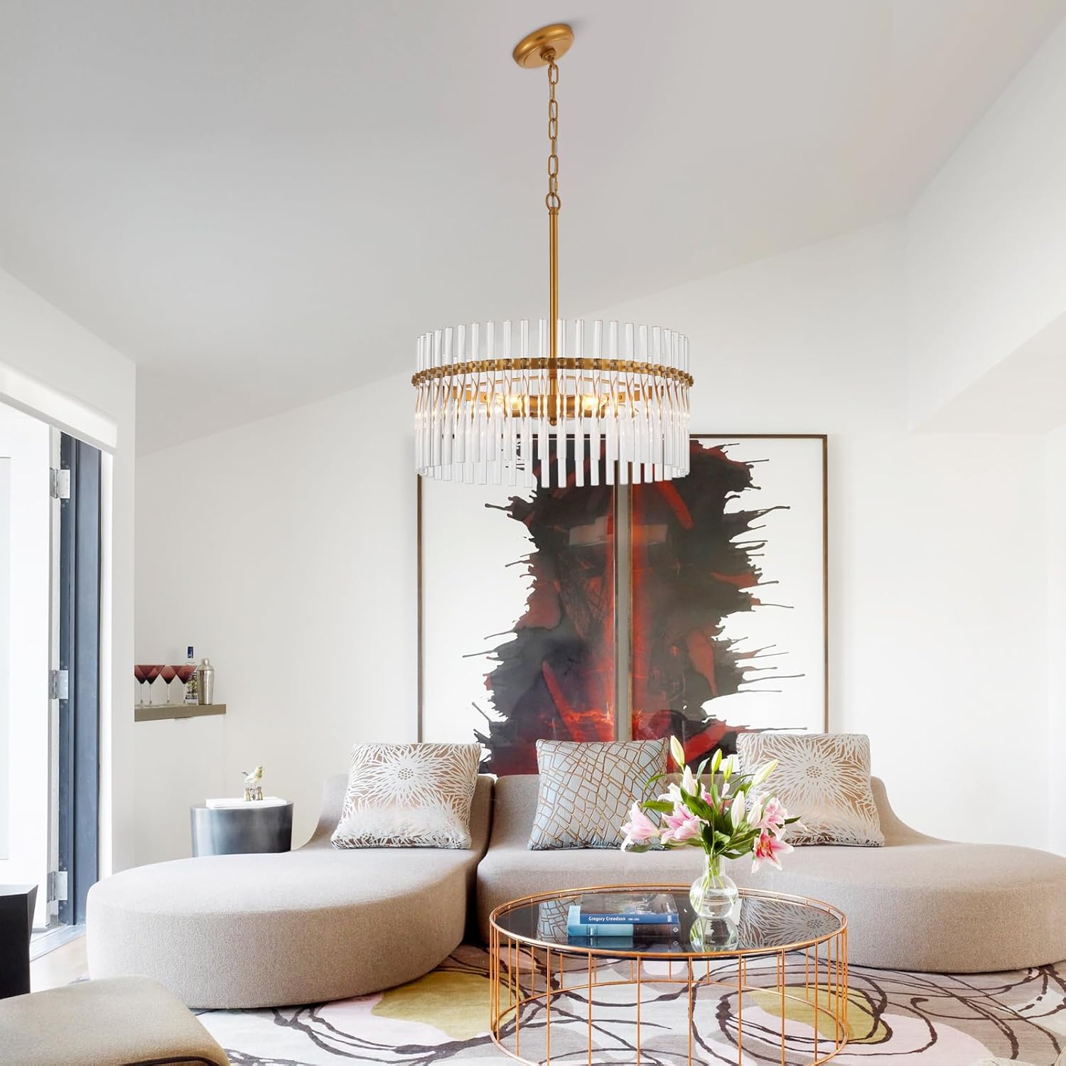 Glass Chandelier for Entryway, Gold Pendant Light for Hallway, Modern Hanging Light Fixture for Kitchen Island Dining Room Bedroom Foyer, Dia 24 Inch