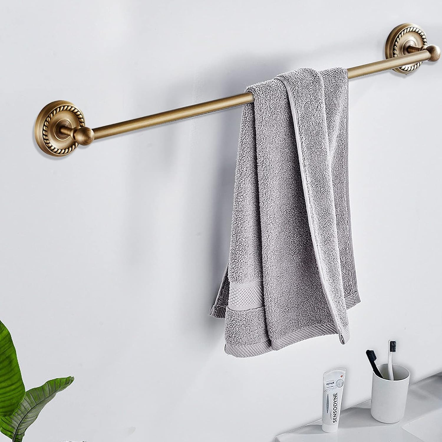 4 Piece Antique Brass Gold Bathroom Accessories Set - 24” Towel Holder, Antique Bar Brass Bath Accessories - Wall Mounted Bathroom Hardware Accessory Set