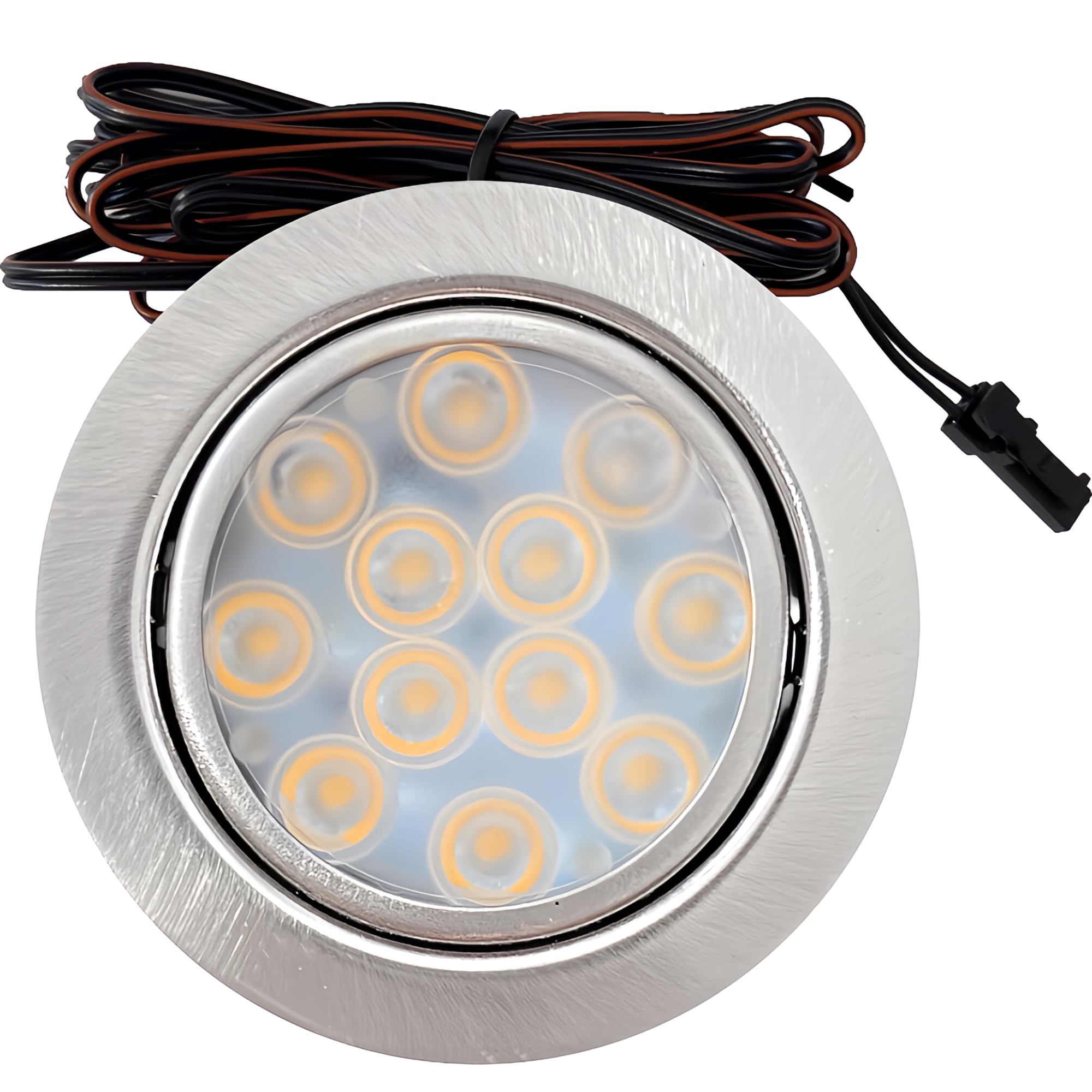 2er Bundle LED Spots, ultra-flach, 12V, 3W, Warmweiß (3200K), dimmbar per Funk-Dimmer, inkl. LED-Trafo, Kabel, Verteiler, Bohrloch Ø 55-60mm, Einbautiefe 14mm, Edelstahl gebürstet, Effizient&Stylisch