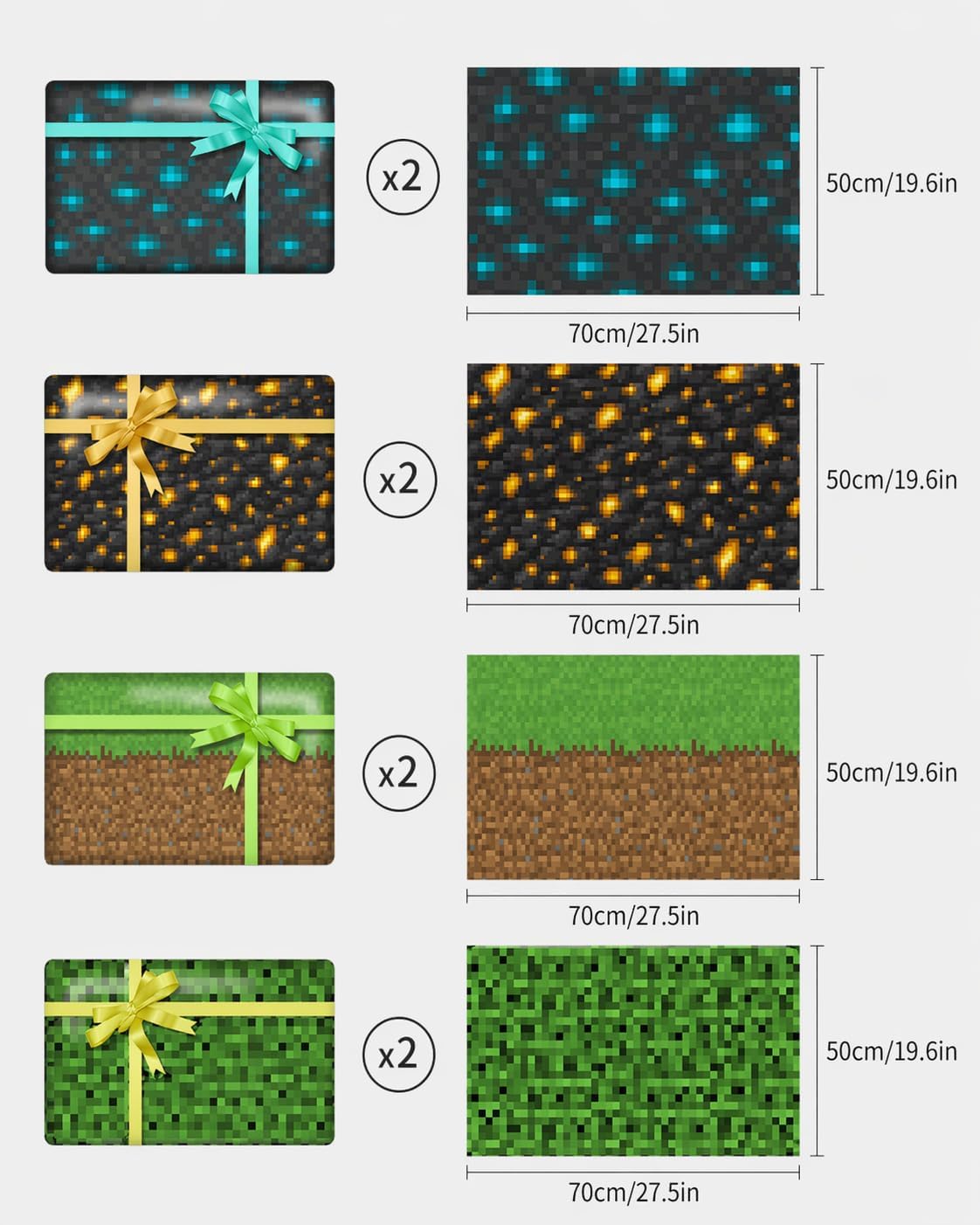 Pixel Block Texture Gift Wrapping Paper – 8 Flat Sheets, 4 Bold Square Patterns – Large 20 x 27 Inch Decorative Gift Wrap for Birthday, Christmas & Holiday Gifts