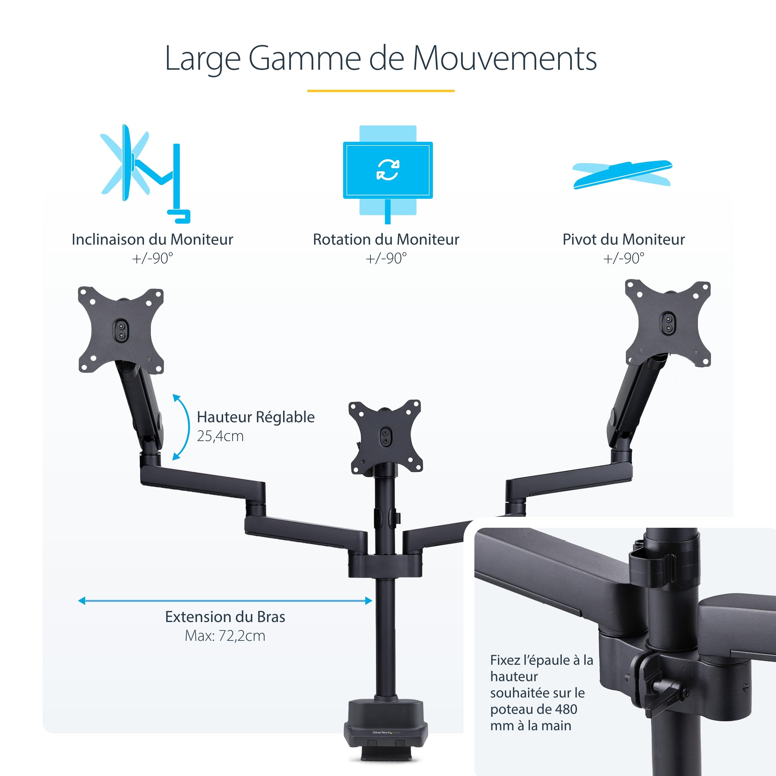 StarTech Support Bureau Bras 3 Ecrans 27", VESA (3MP2AG-MONITOR-ARM)