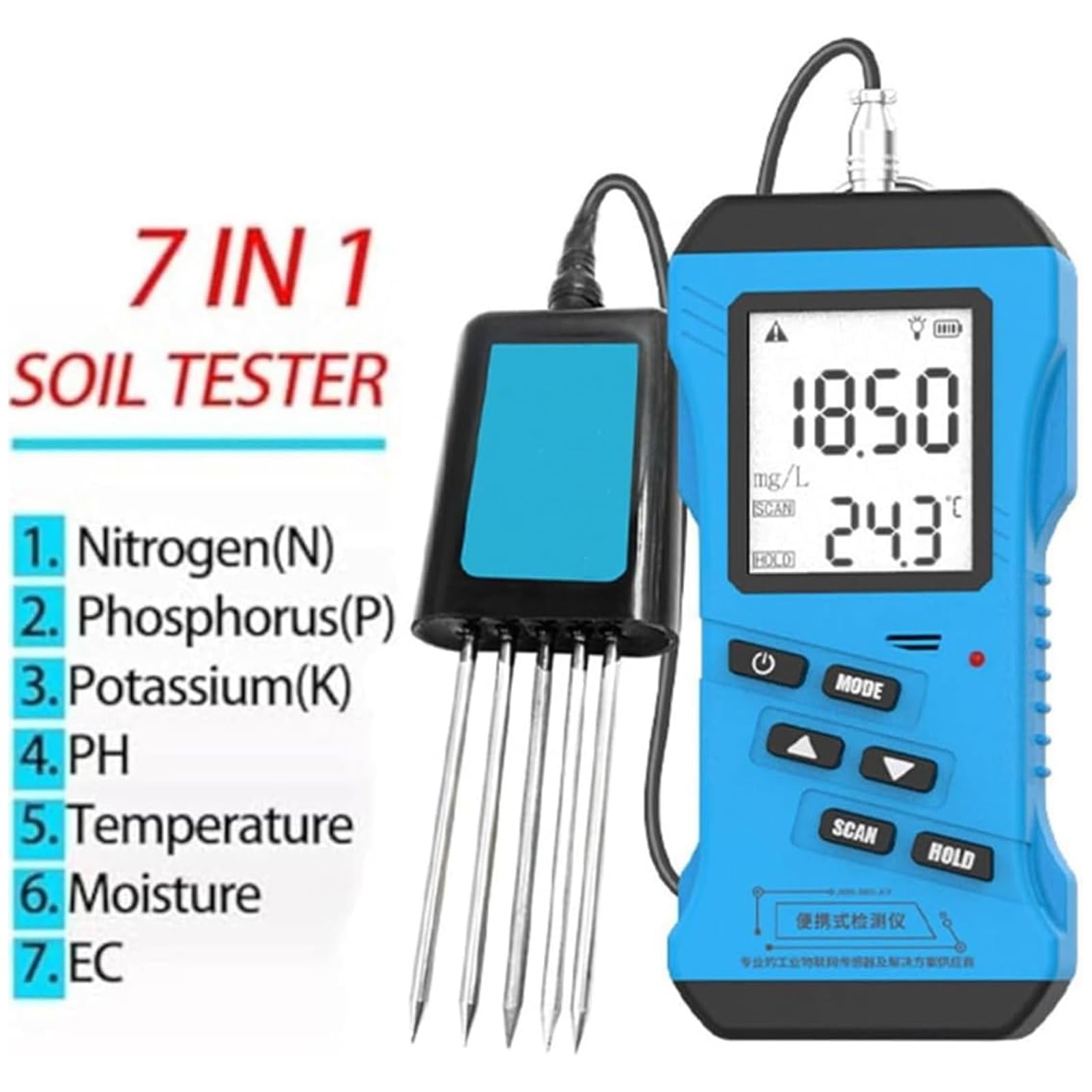 Tester gleby, wilgotność 7 w 1, NPK, pH, miernik EC z wyświetlaczem LCD do rolnictwa, sadzenia i ogrodnictwa