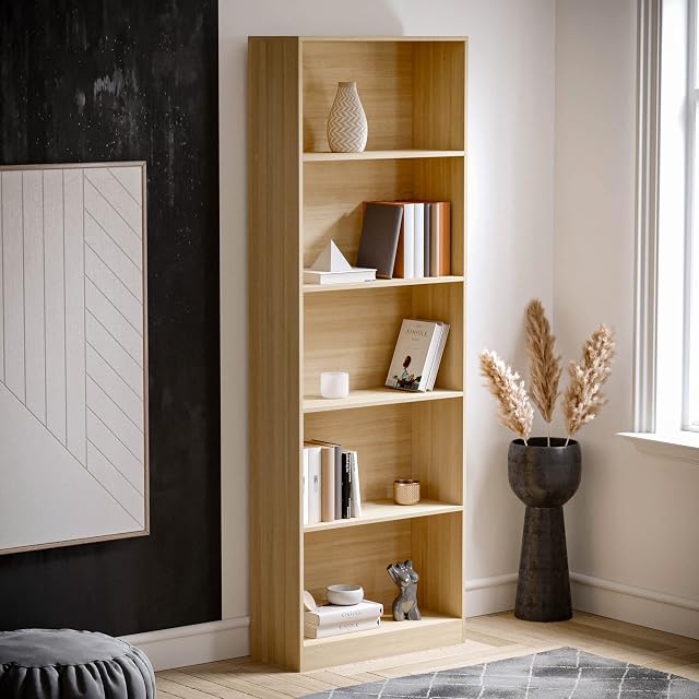 Vida Designs Cambridge 5 Tier Extra Large Bookcase, Oak Wooden Shelving Display Storage Unit Office Living Room Furniture