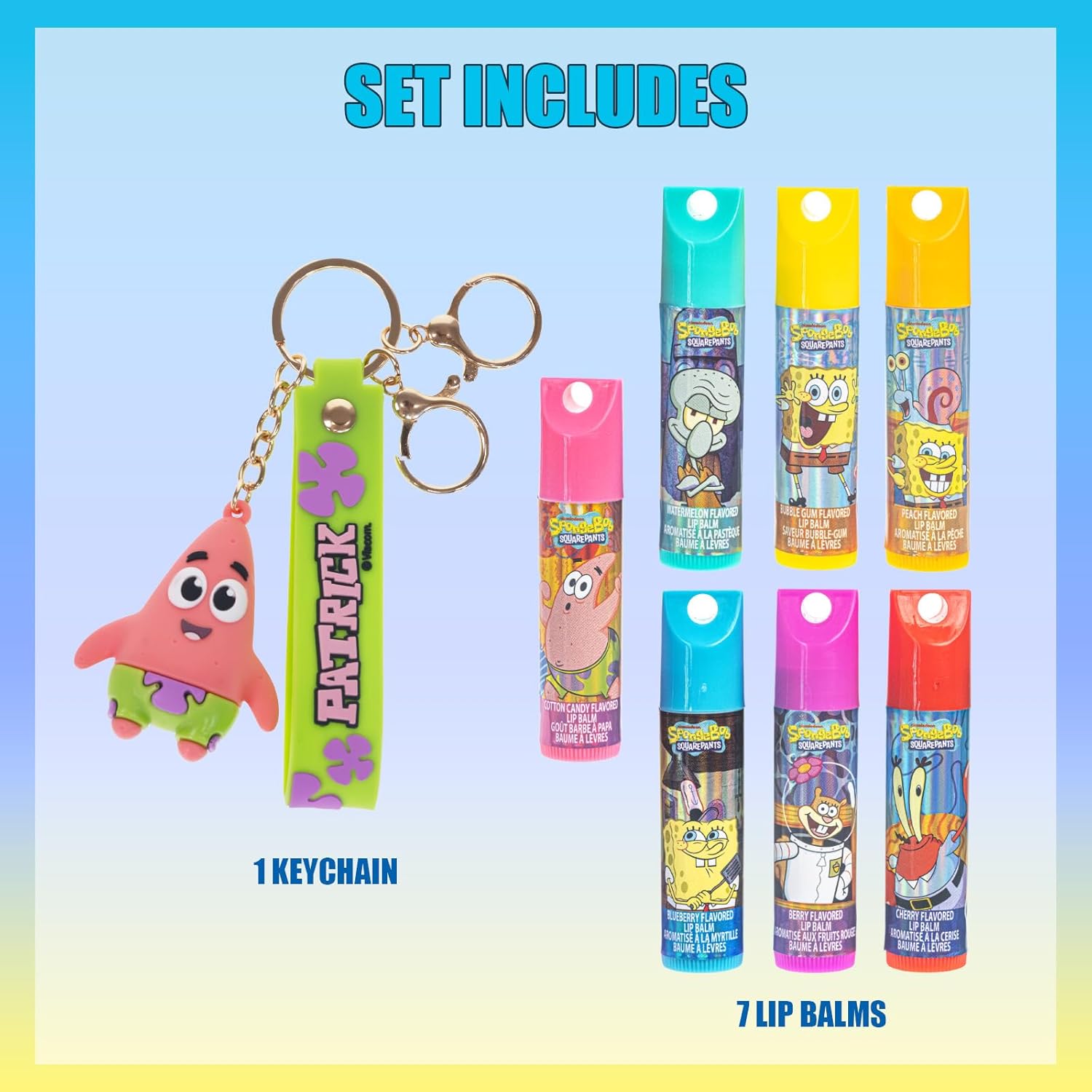 SpongeBob SquarePants 7 Pack Lip Balm with Keychain Plant Based Hydrating Moisturize Lip Balm for Girls Kids by Townley Girl