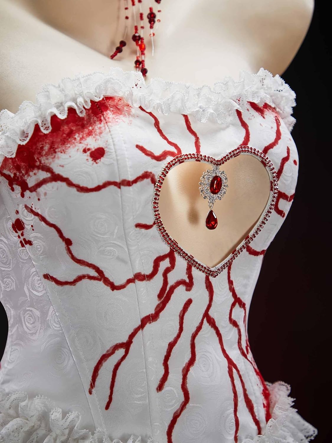 MEOWCOS Women's Gothic Dress Halloween Red White Bloody Bride Set Goth Tube Top Skirt with Headband Gloves