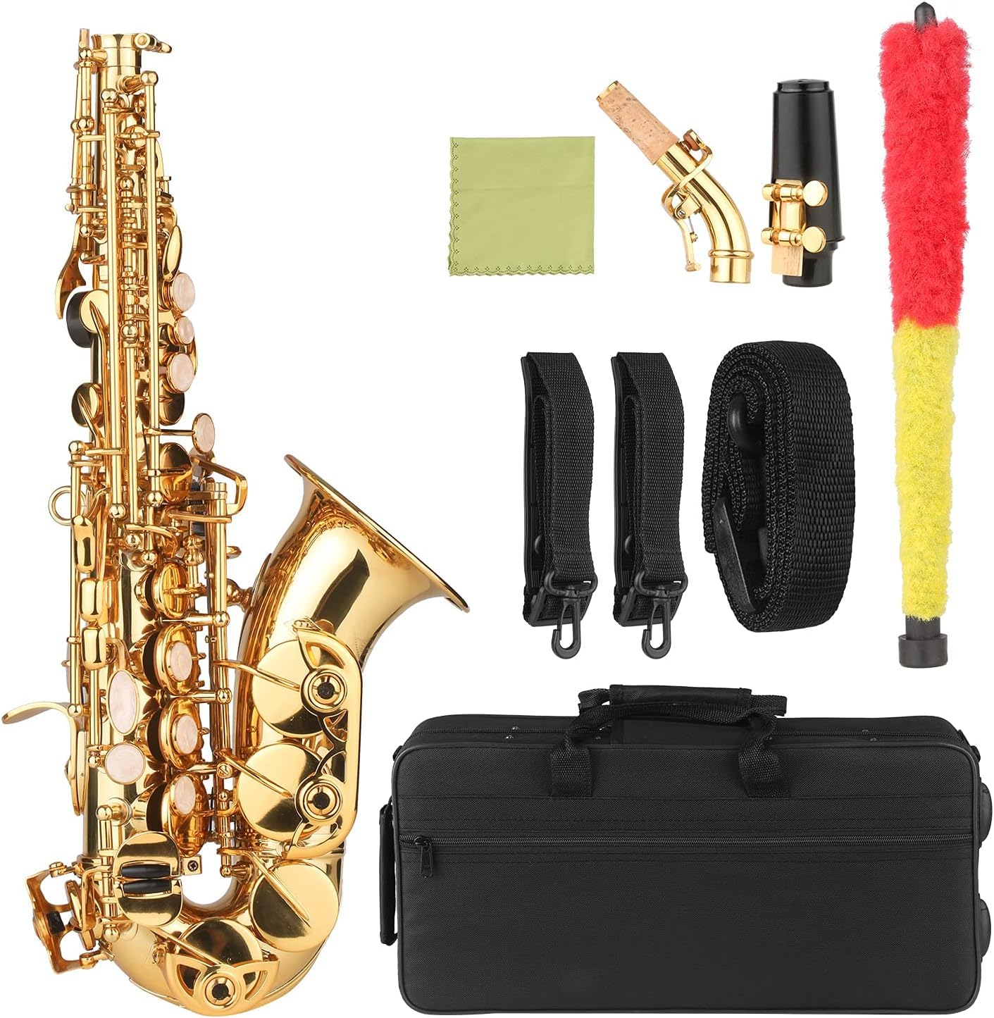 Sassofono, Sassofono Soprano in SIB Lacca Dorata Sax in Ottone con Custodia per Strumento Bocchino Tracolla Panno per Pulizia Spazzola per Musicisti Principianti