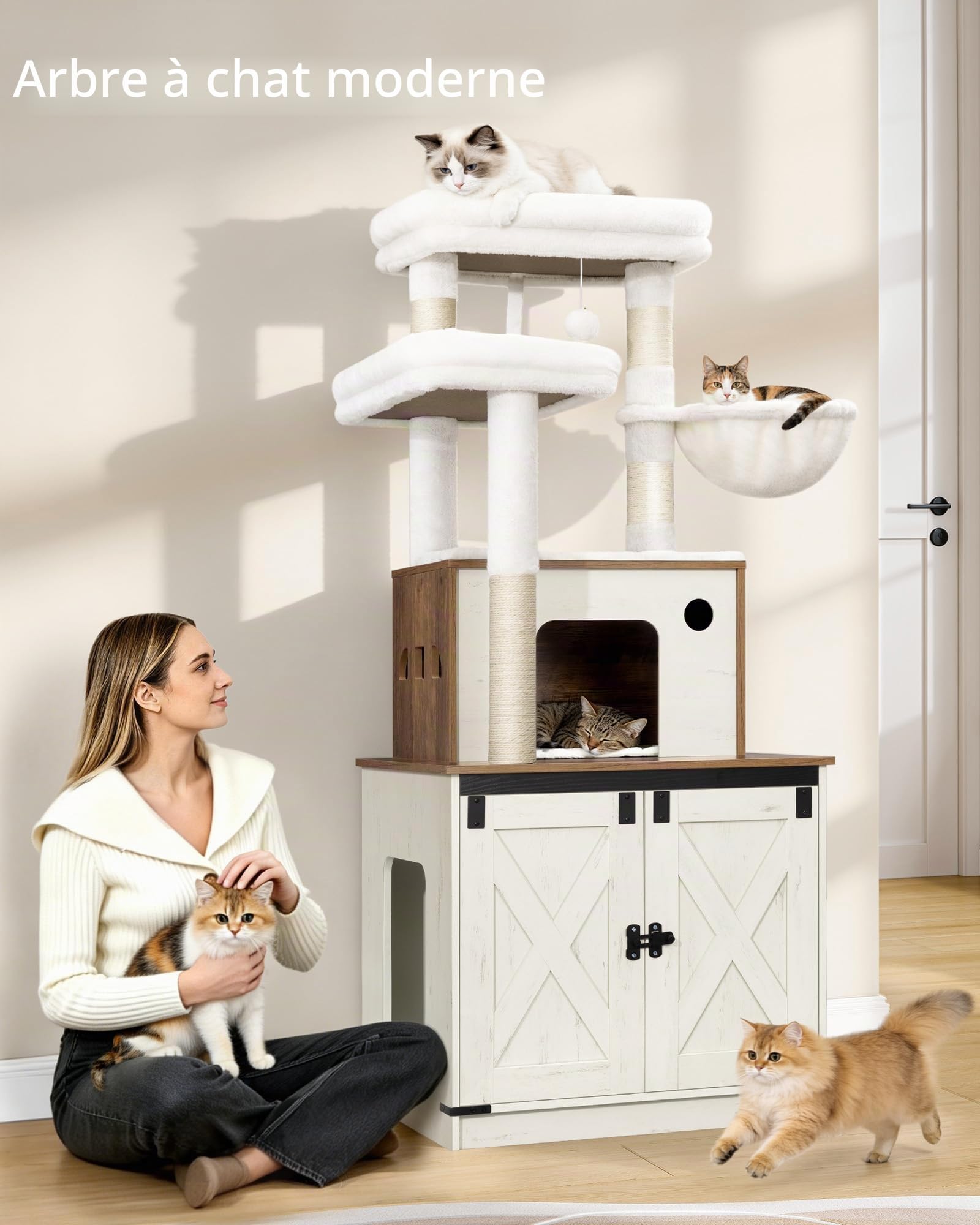 Hzuaneri Arbre à Chat avec Meuble Litiere Chat, 150cm Haut, Marron et Blanc | Coussin Lavable, Deux Grandes Plateformes, Poteau Sisal, Panier pour Chat, Maison pour Chat, Balles Peluche, CB89214WT