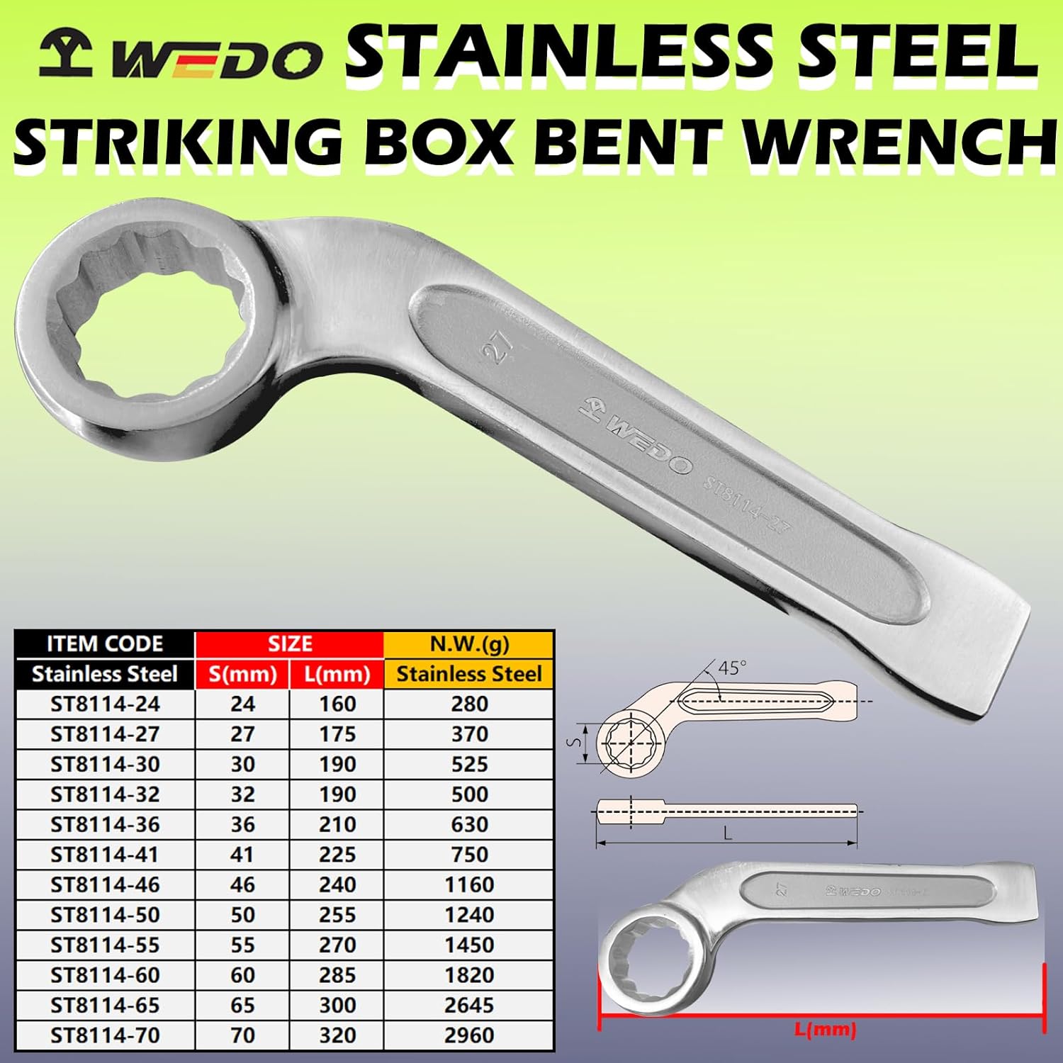 WEDO Bent Box End Striking Wrench Stainless Steel 45 Degree, 27mm, Length 175mm, 12 Point Bent Box Strike Wrench with Extra Wide Striking Zone, Slogging Ring Spanner, Anti-Corrosion, Rust Proof