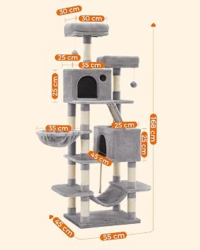 Feandrea scratching tree, large, 168 cm high, L cat tree, 13 scratching columns, 2 platforms, 2 caves, basket, hammock, plush balls, multi-storey cat scratching tree, light gray PCT165W01
