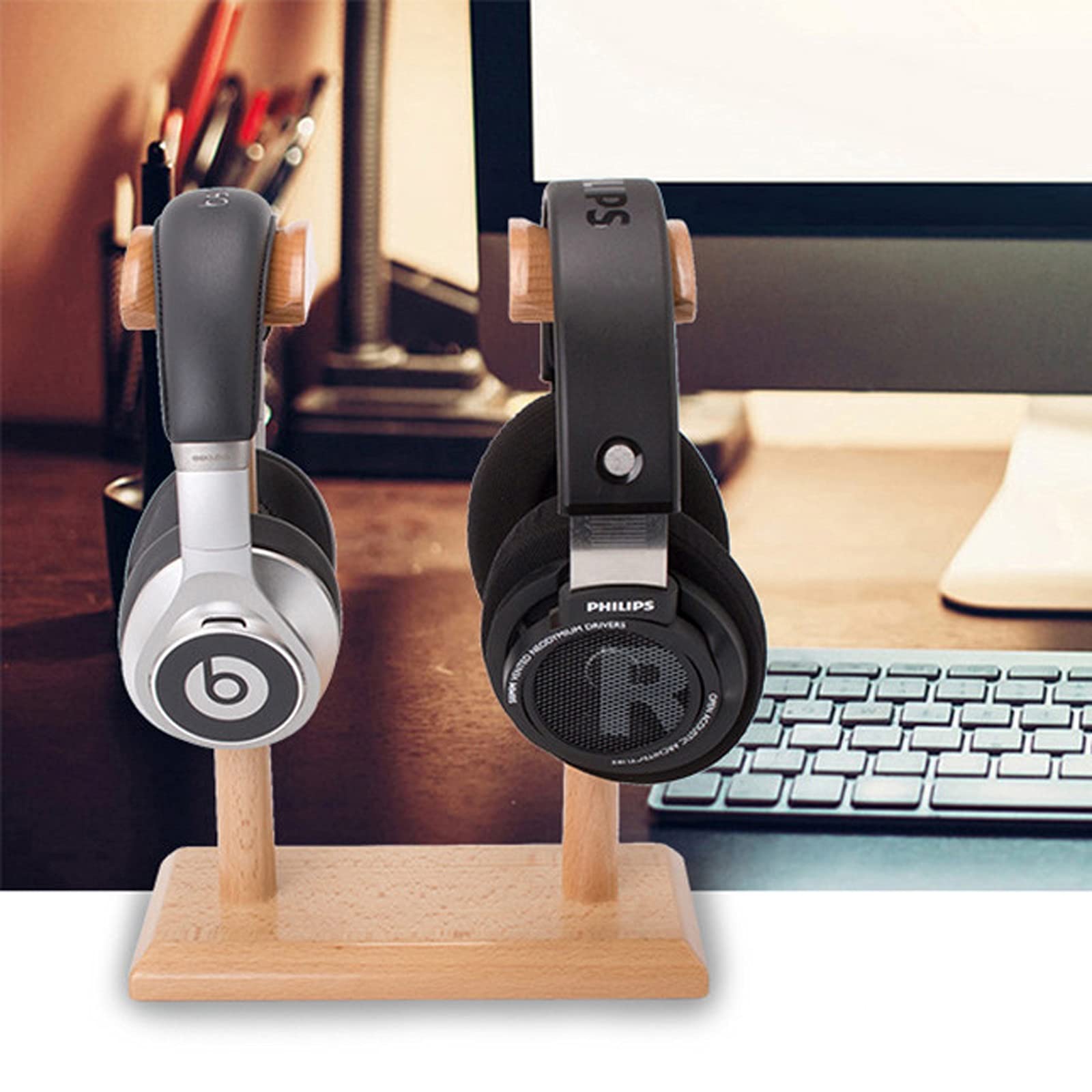 Soporte Auriculares/Soporte Cascos Auriculares de doble madera Soporte de soporte for auriculares creativos Estante de visualización compatible con auriculares de juego y auriculares inalámbricos Sopo