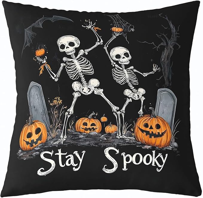 Erosebridal Happy Halloween Throw Pillow Cover 18x18 Inch Sugar Skull Pillow Cover Cartoon Funny Skeleton Pumpkin Spooky Cushion Case Horror Night Gothic Tombstone Decorative Accent Pillow Case