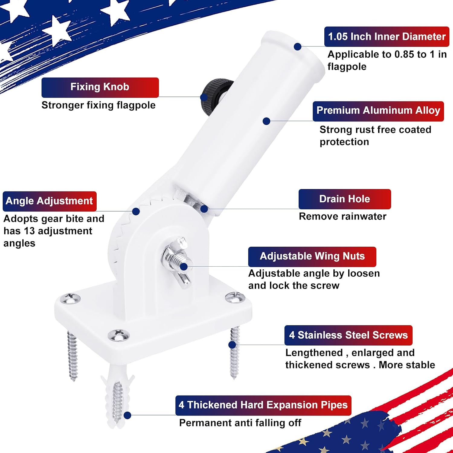 Flag Pole Holder, Outside House Flag Pole Bracket, Heavy Duty Metal Flag Mount, Aluminum Alloy Mounting Brackets, Outdoor Adjustable Flag Holder- Strong Rust Free, Multi-Position 1 inch White