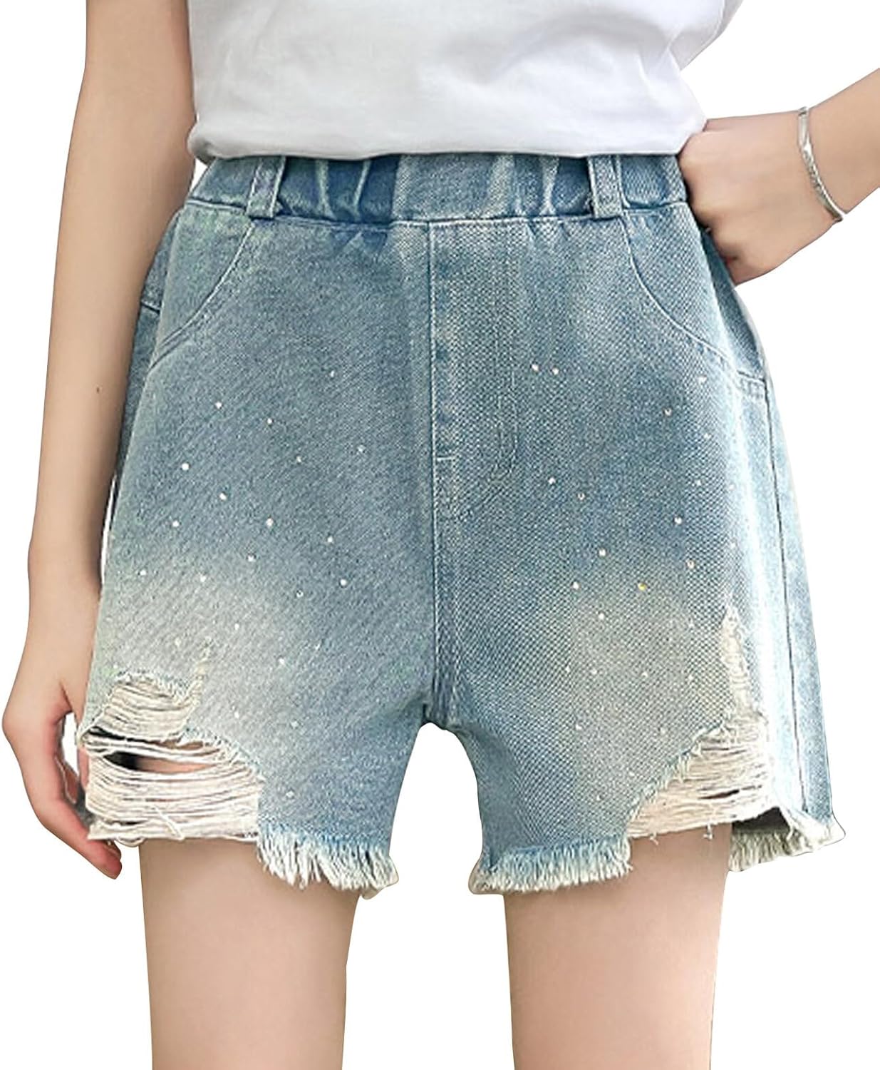 Happy Cherry Kids Girls Jeans Shorts Summer Denim Half Pants Casual Wide Leg Shorts Elastic Waist Stretch Shorts 3-14Y