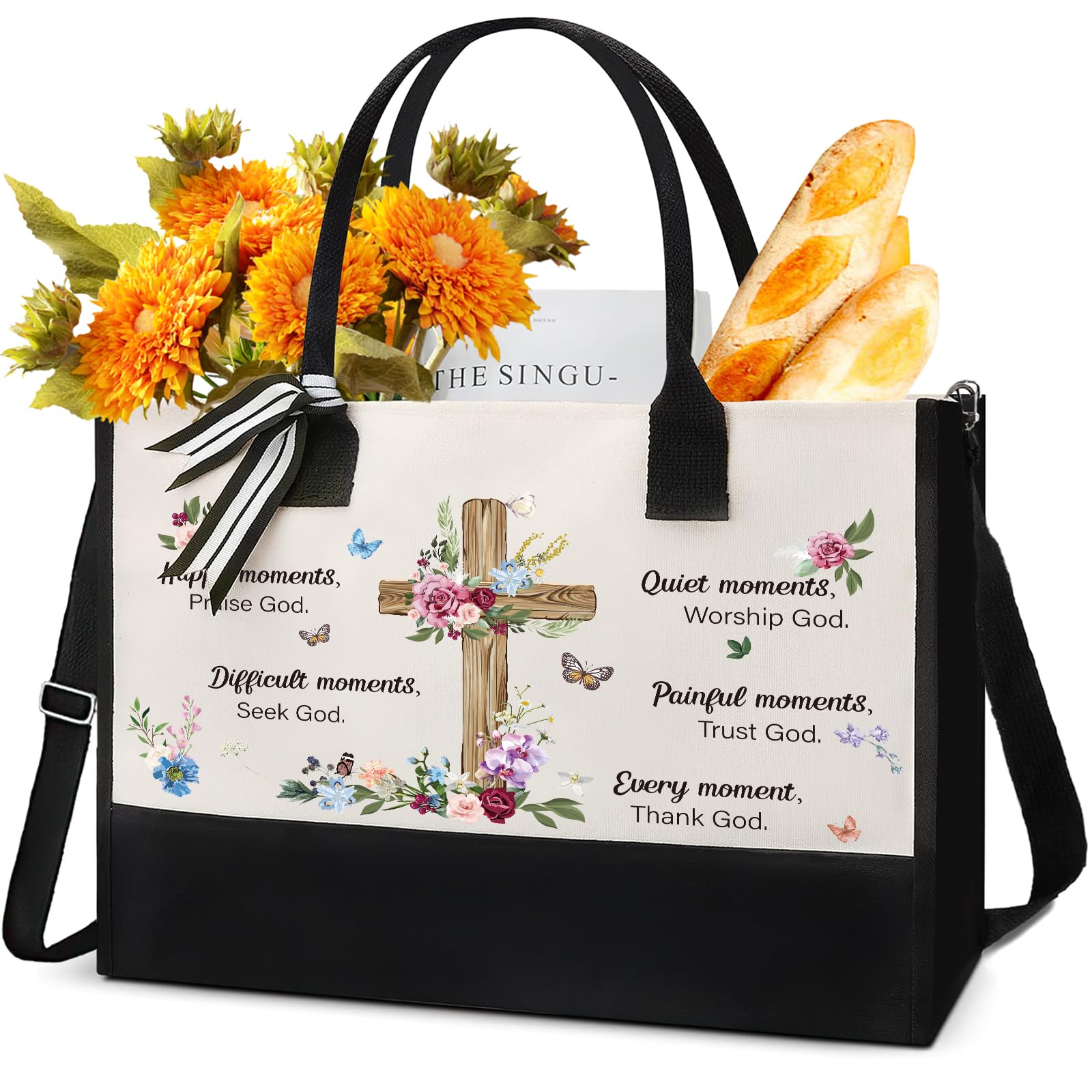VeloKomo Christian Canvas Tote Bag - Spanish Positive Gift Inspiration Totes Zipper Handbag Happy Moments Praise God Thank God Inspirational Gifts for