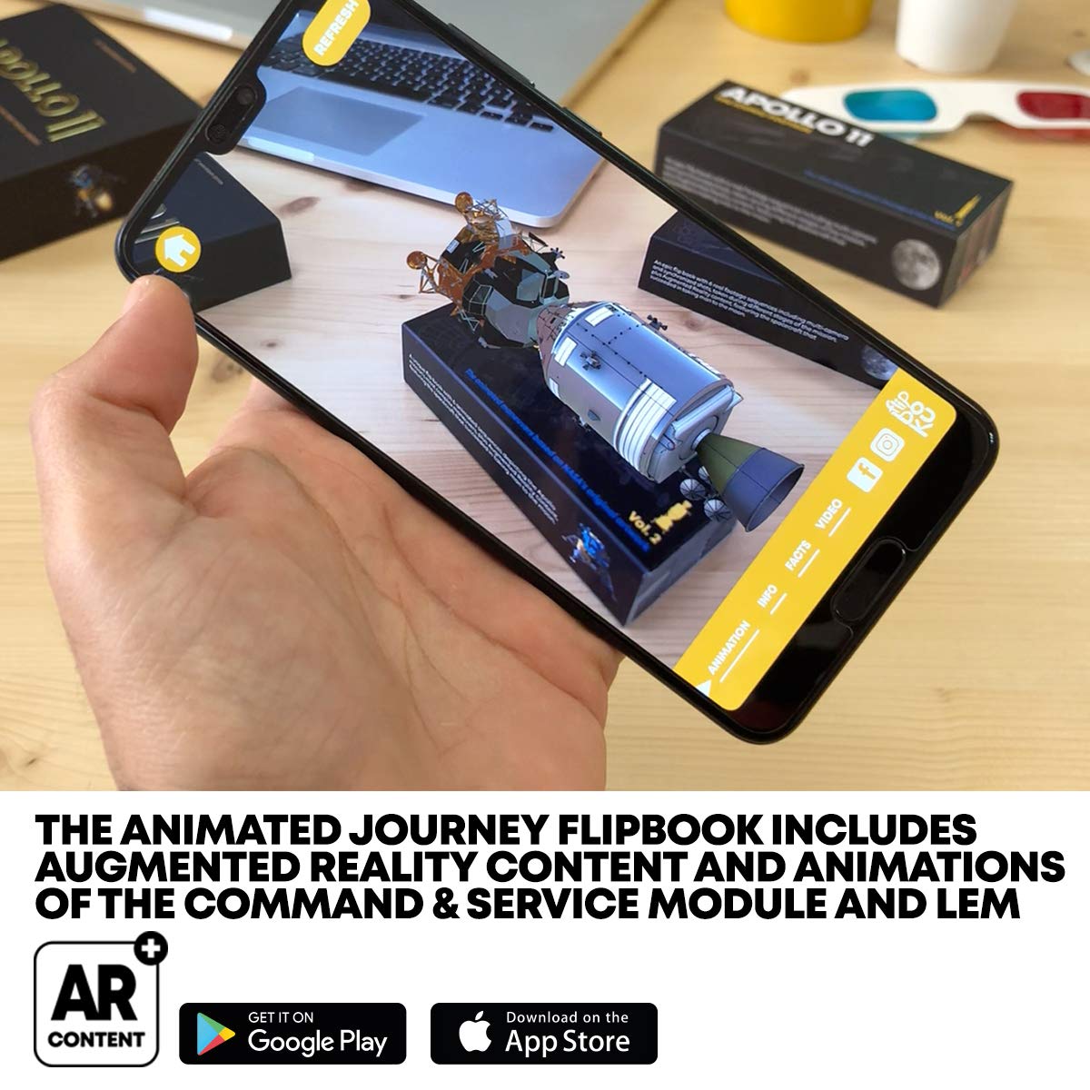 Flipboku Apollo 11: The Animated Journey - Vol 2 - cleveres Daumenkino mit 6 animierten Bildsequenzen der ersten Mondlandung - mit Augmented Reality 3D Modell der Mondlandefähre