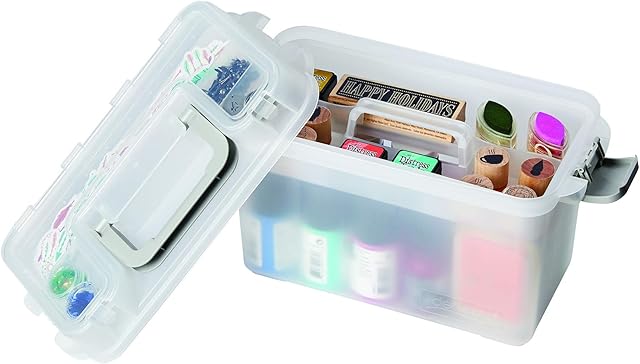 Deflecto | Medium Multi-Compartment Clear Plastic Storage Box with Lift Out Tray & Lid Storage | Portable Craft Storage for Pens, Pencils & Accessories