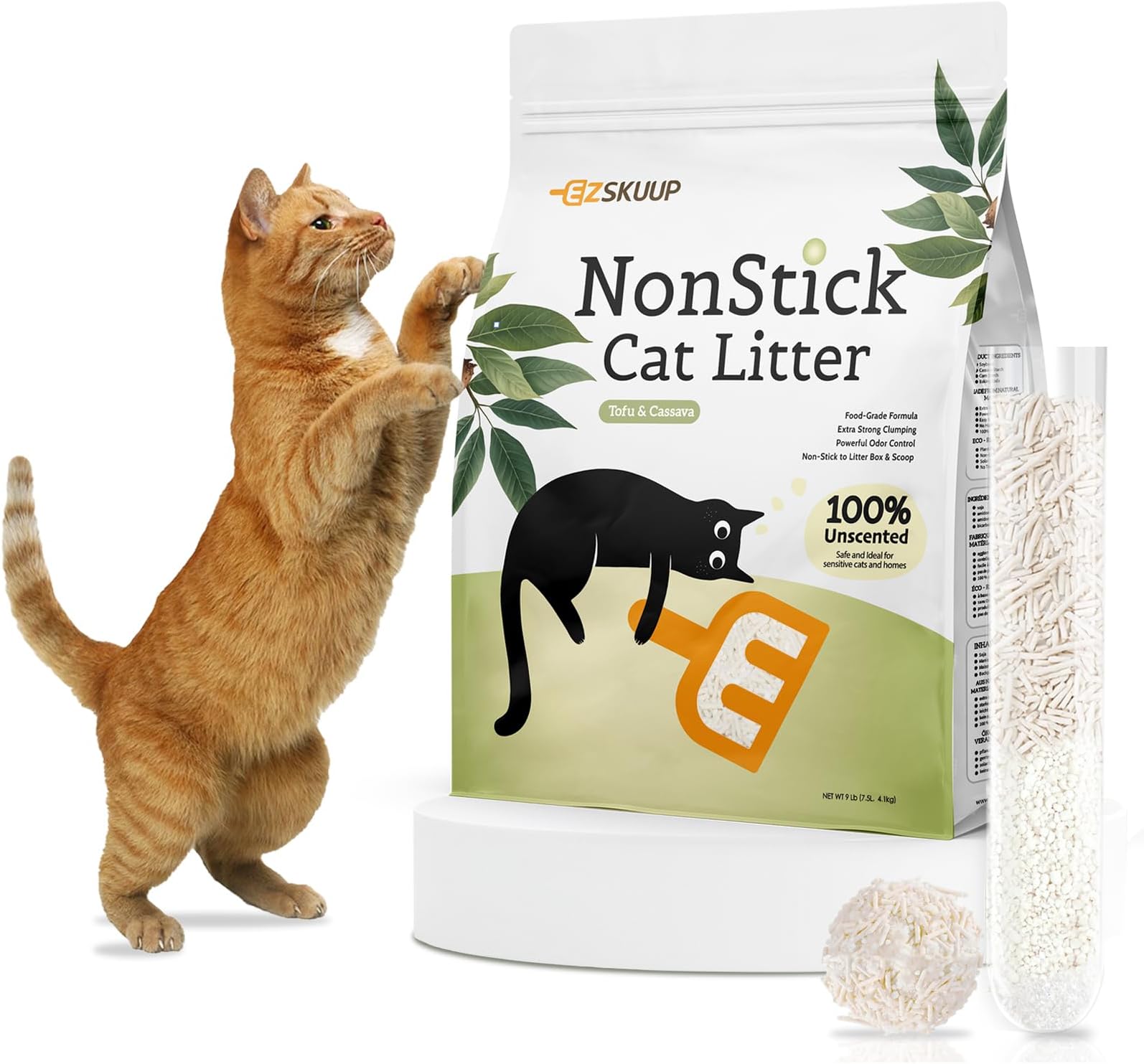 Non-Stick Ultra Clumping Tofu Cat Litter with Cassava, Odor Control Low Tracking Kitty Litter Pellets, Plant-Base Natural Ingredients Cat-Litter, Last Twice as Long as Clay Litter, 9lbs