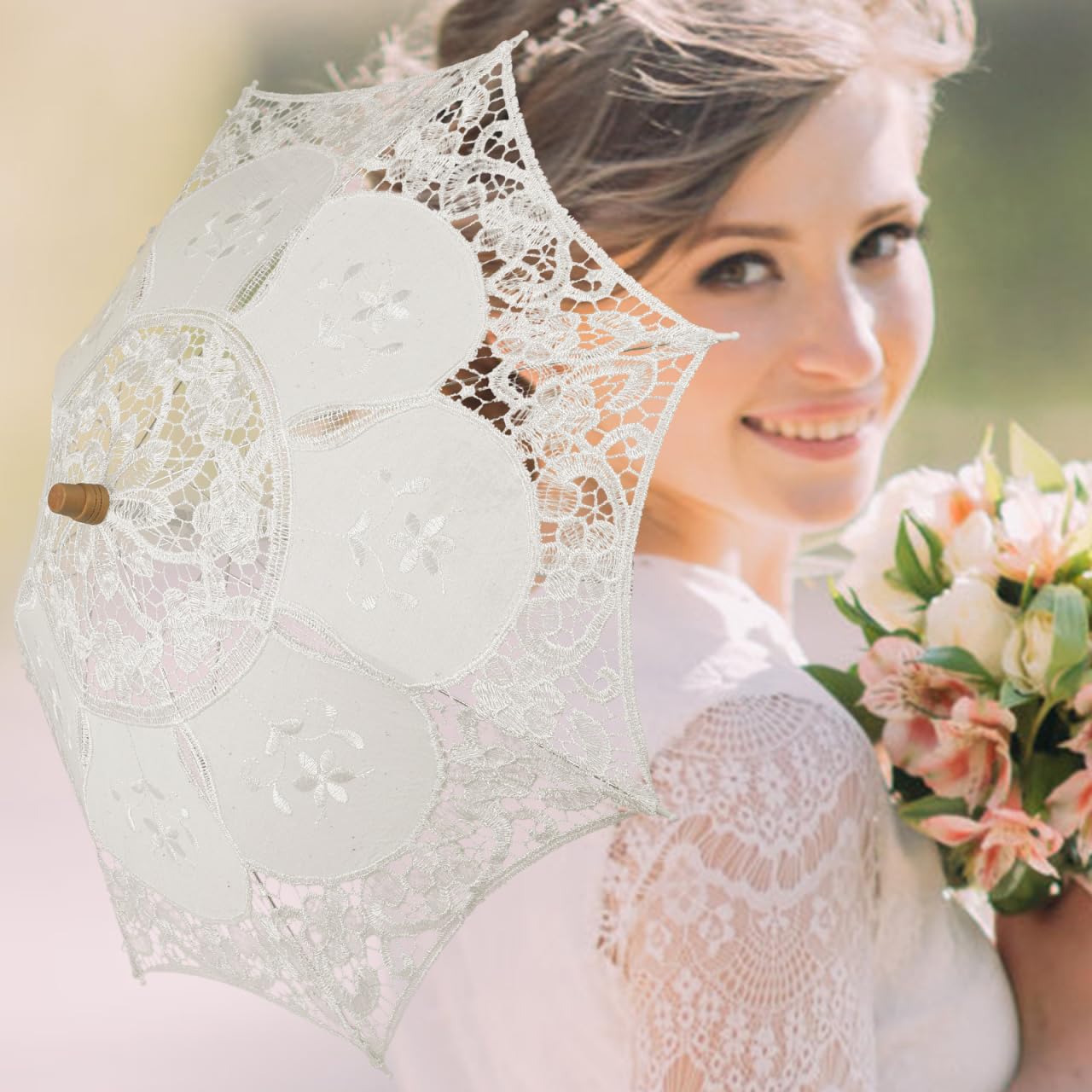 Garneck Parapluie de Mariage en Dentelle Beige 38 Cm Double Couche, Ombrelle Élégante pour Demoiselles D’honneur, Accessoire Photo et Cérémonie, Parapluie Léger 64 G pour Cérémonie