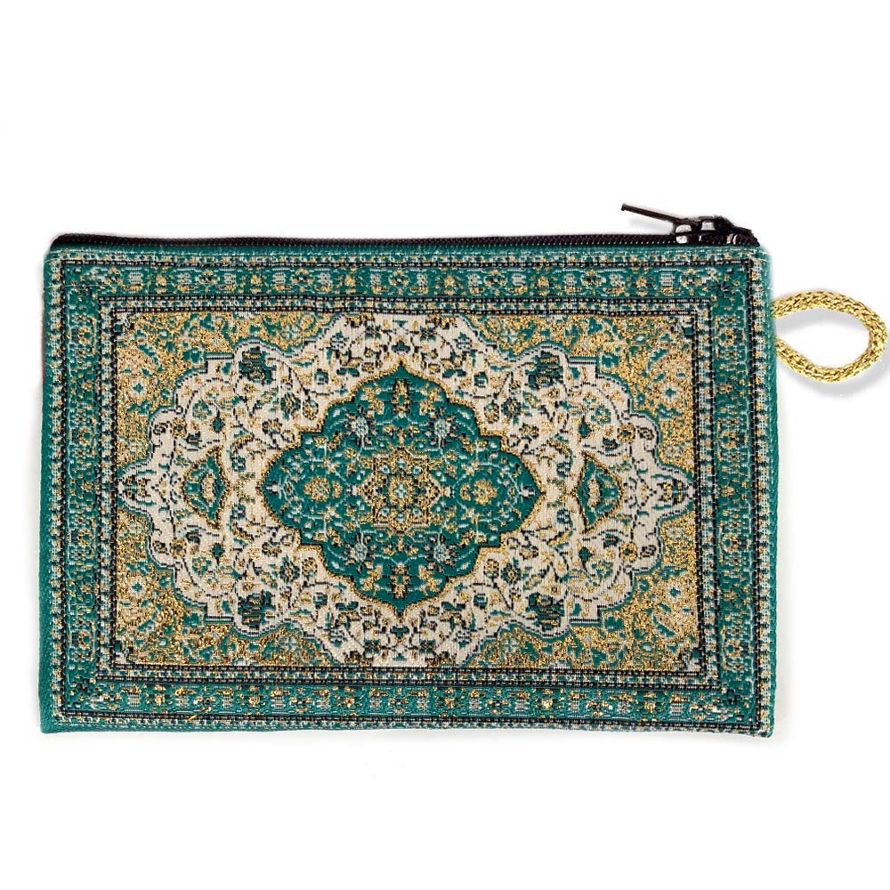 AIntl Green with Gold Tapestry Carpet Design Pouch Purse Keepsake Holder 5 1/2 Inch