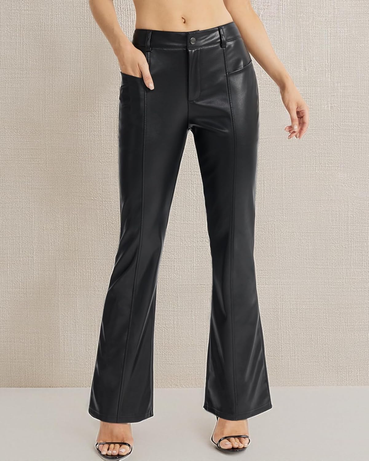 Faux Leather Pants for Women Bootcut Leg Jeans PU Flared Leather Trousers with Pockets - Image 5