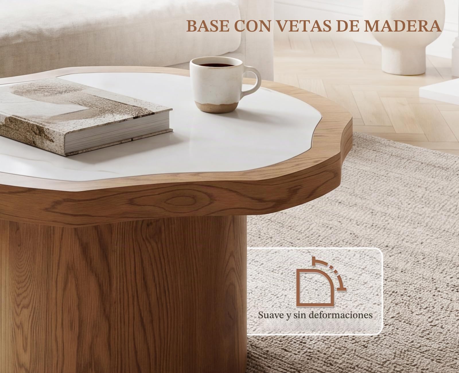 chairus 2PCS Mesas de Centro Madera con Forma de Nube, Color Natural | Mesa Redonda de Salón, Base de Madera, con Superficie Imitación Mármol, Mesita Desmontable