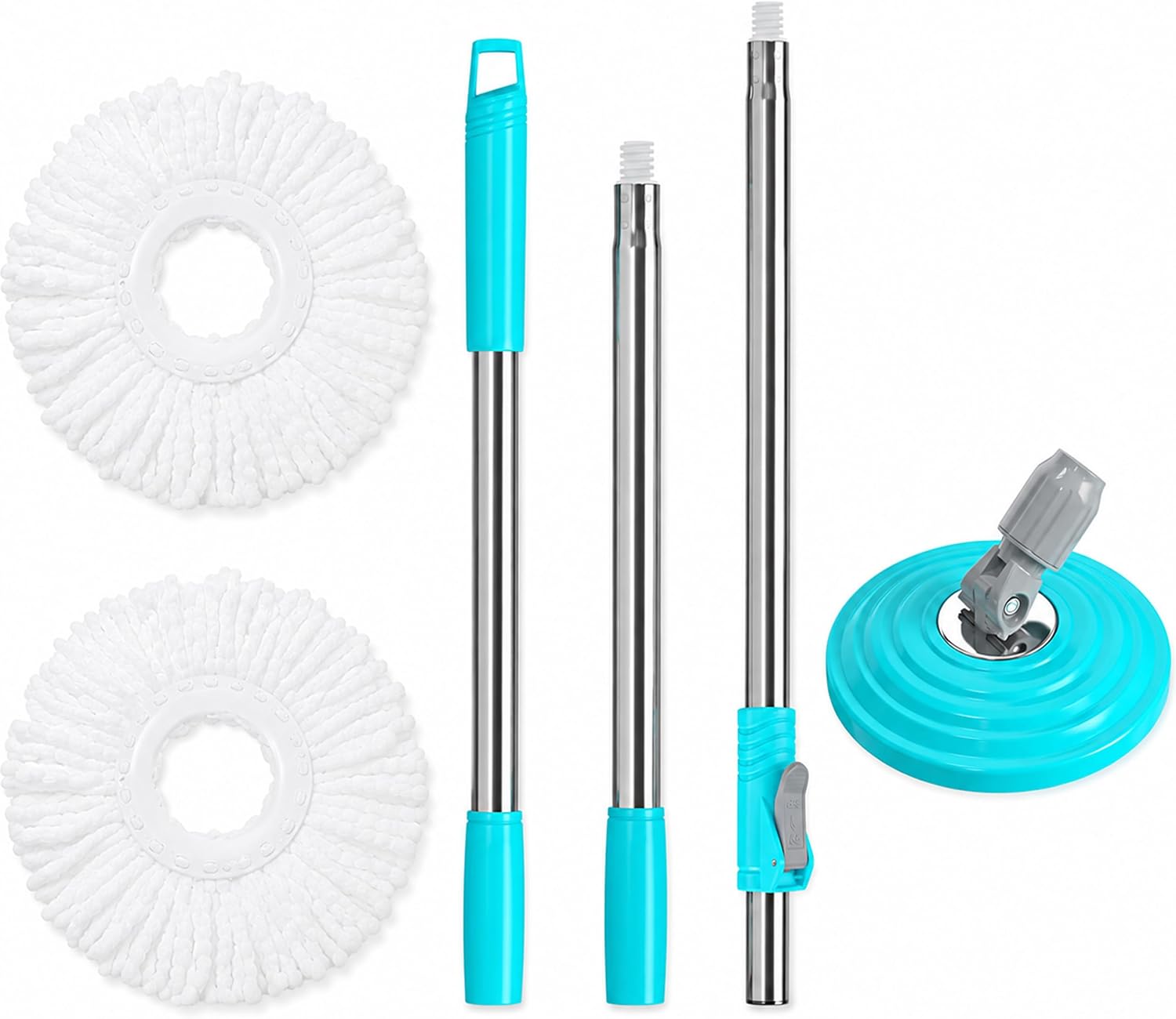 Stainless Steel Extendable Mop Handle with 2 Microfiber Replacement Heads & 360° Rotating Base Plate — Fits Standard Mop Buckets -Blue