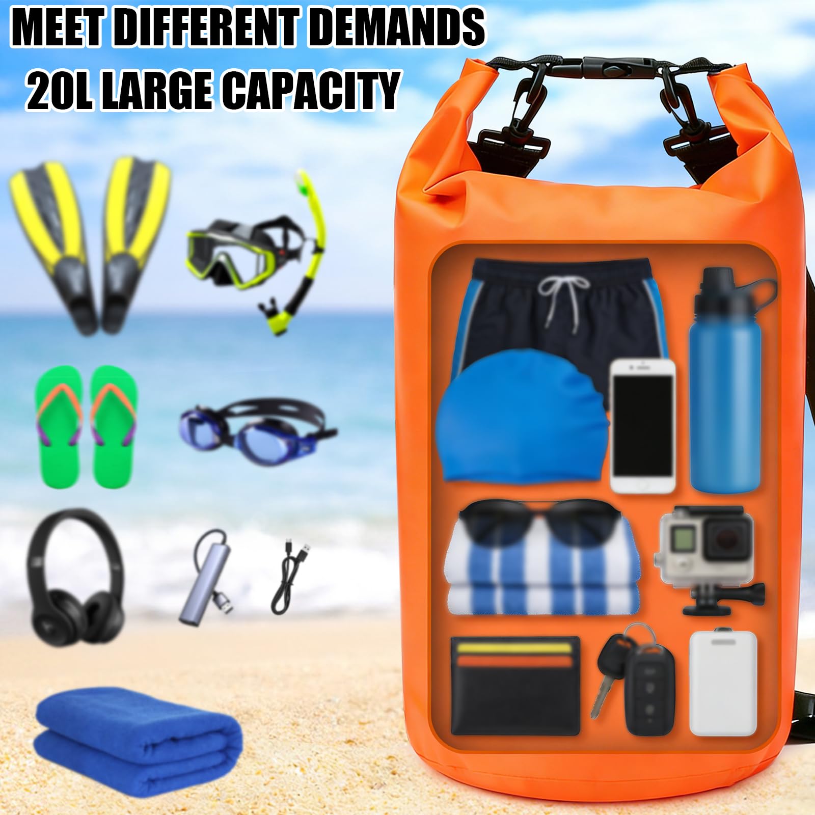 PQETBV Bolsa Estanca, 20L Bolsa Impermeable Mochila Estanca, Bolsa Seca con Correa de Hombro Ajustable para Barcos, Kayak, Pesca, Rafting, natación, Camping, Snowboard - 5