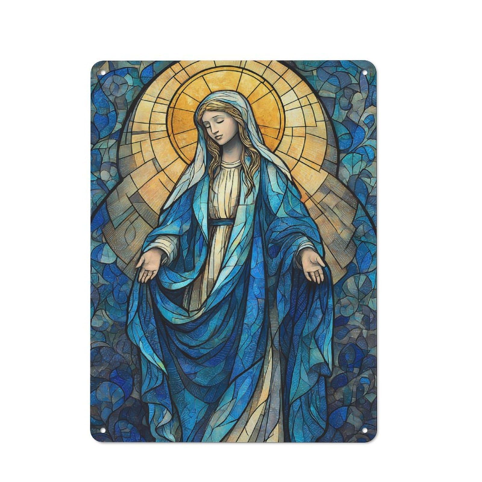 Junmoney Stained Glass Virgin Mary Illustration Tin Wall Plaque 40X30cm With For Hallway Wall, With Clear Retro Wall Decor Character