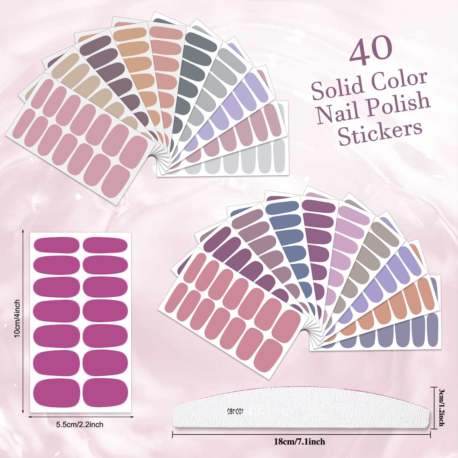 40 Sheets Elegant Solid Color Nail Polish Strips with Nail File Self-Adhesive Grey Purple Color Nail Strips Nail Stickers Full Nail Wraps for Women Nail Art