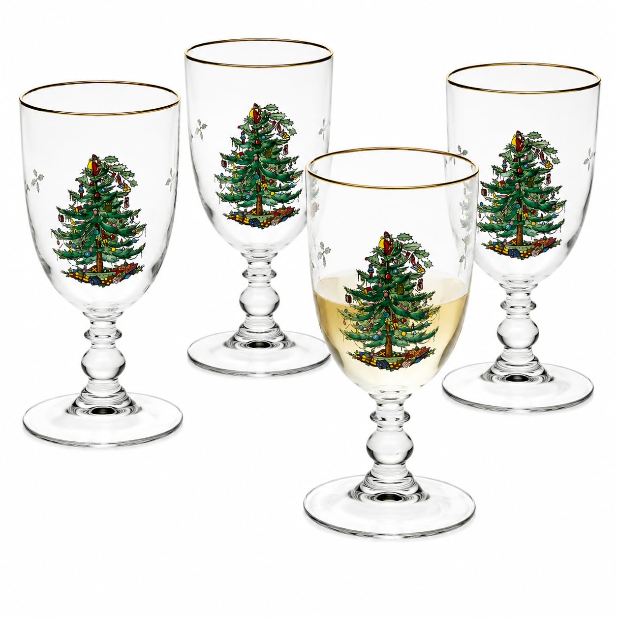 Spode Christmas Tree Pedestal Goblets with Gold Rims, Set of 4
