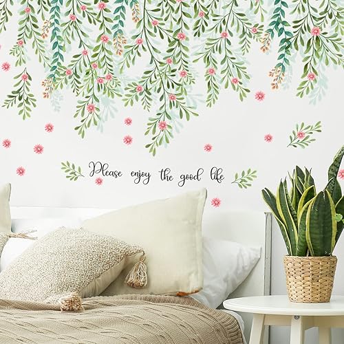 Miniatura 7 de Runtoo Pegatinas de pared de hojas de plantas de jaula de pájaros, calcomanías de pared de vid para colgar en la sala de estar, dormitorio,