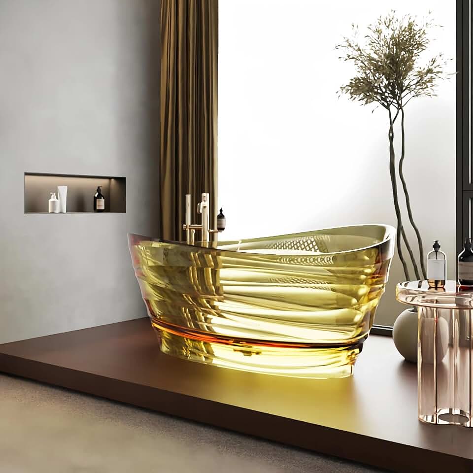 Freestanding Bathtubs - 62IN Modern Bathtub with Translucent Colorful Design, Bathroom Bath Tub with Reclining Backrest Irregular Shapes for Bathroom, Yellow