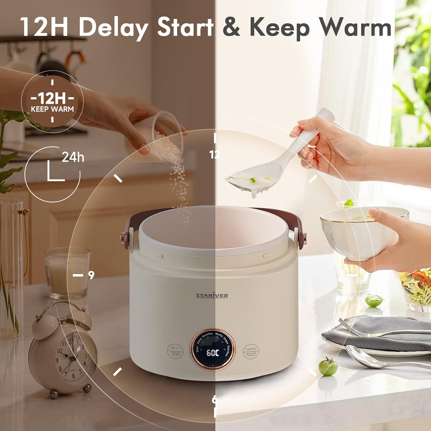 Image illustrating the 12-hour delay start and keep warm functions with a clock and hands adding rice and serving soup